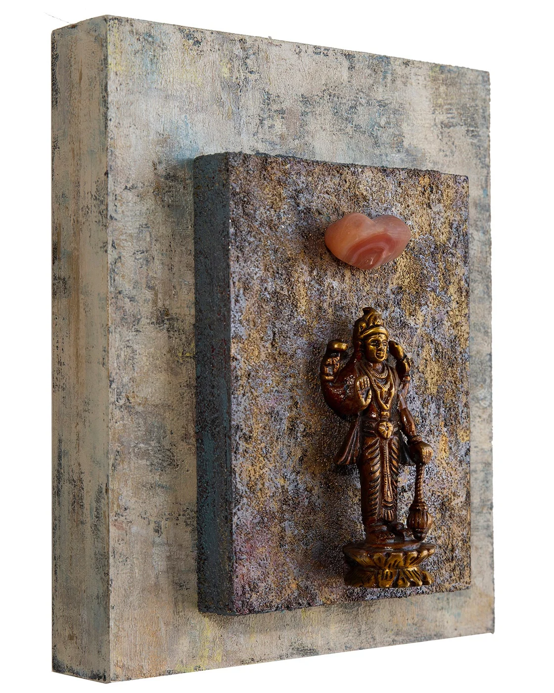 “Good Fortune, Positive Choices,” Lakshmi with Carnelian, 2018 Acrylic, mixed media on cradled wood panels , 8”x10”x1.5” Lakshmi is the HIndu deity of beauty, luxury and wealth, both material and spiritual. Carnelian motivates for success, stimulates creativity, and helps trusting yourself and your perceptions. © Marilyn Grad 2018