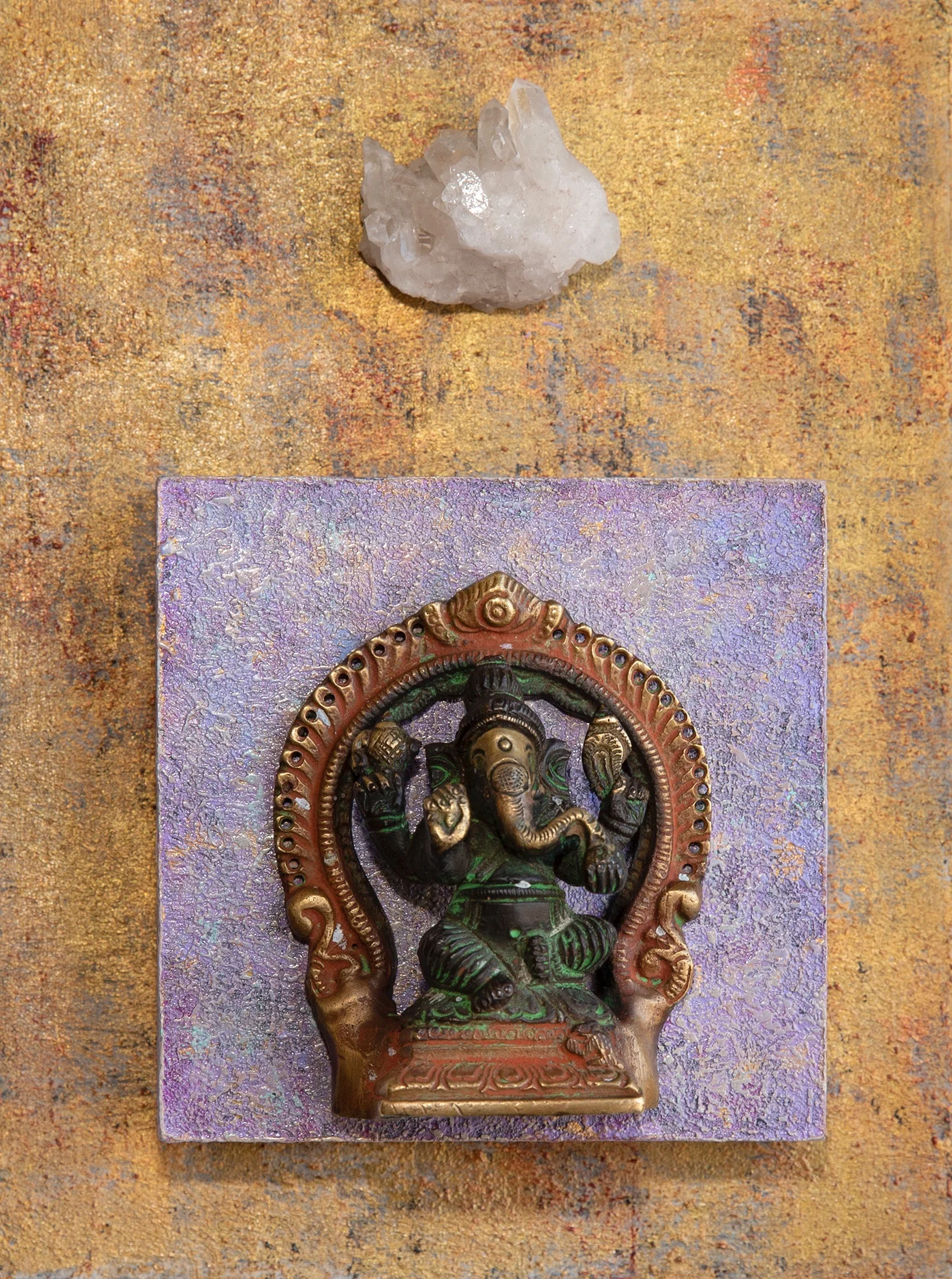 Ganesh with Clear Quartz, Acrylic, Mixed Media, 6”x6”x1.5” cradled wood panel, © Marilyn Grad 2018