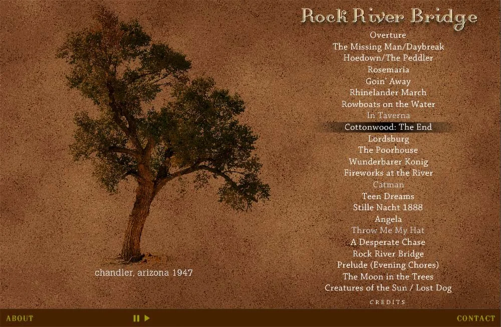 personal project: rock river bridge. program music and limited animation flash website, CURRENTLY LIVE. an episodic immigrant story that is ultimately an american story. THIS SITE REQUIRES ADOBE FLASH. OF ALL THINGS REPRESENTED IN THIS PORTFOLIO CUM ANTE-POSTHUMOUS RETROSPECTIVE, ROCK RIVER BRIDGE IS THE MOST MEANINGFUL TO ME. IT DOESN’T GET OUT MUCH, SO GIVE IT A LISTEN, WON’T YOU?