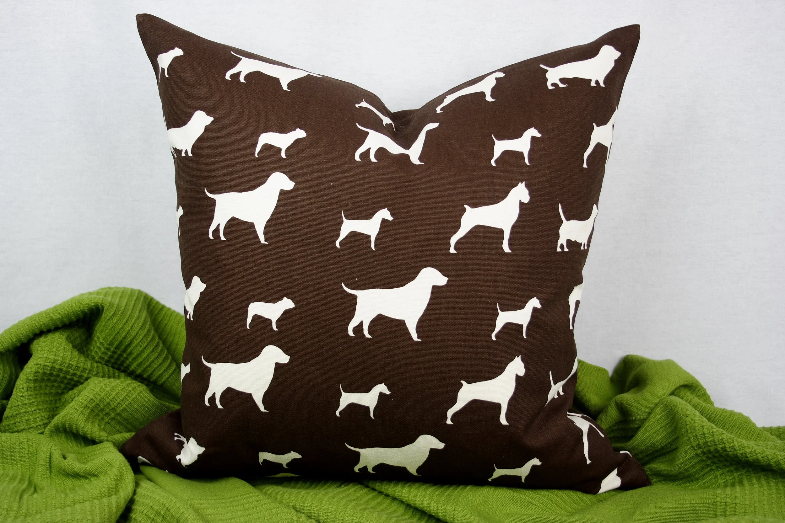 18 x 18 Inch Chocolate Brown and Cream Modern Dog Print Cotton Pillow Cover