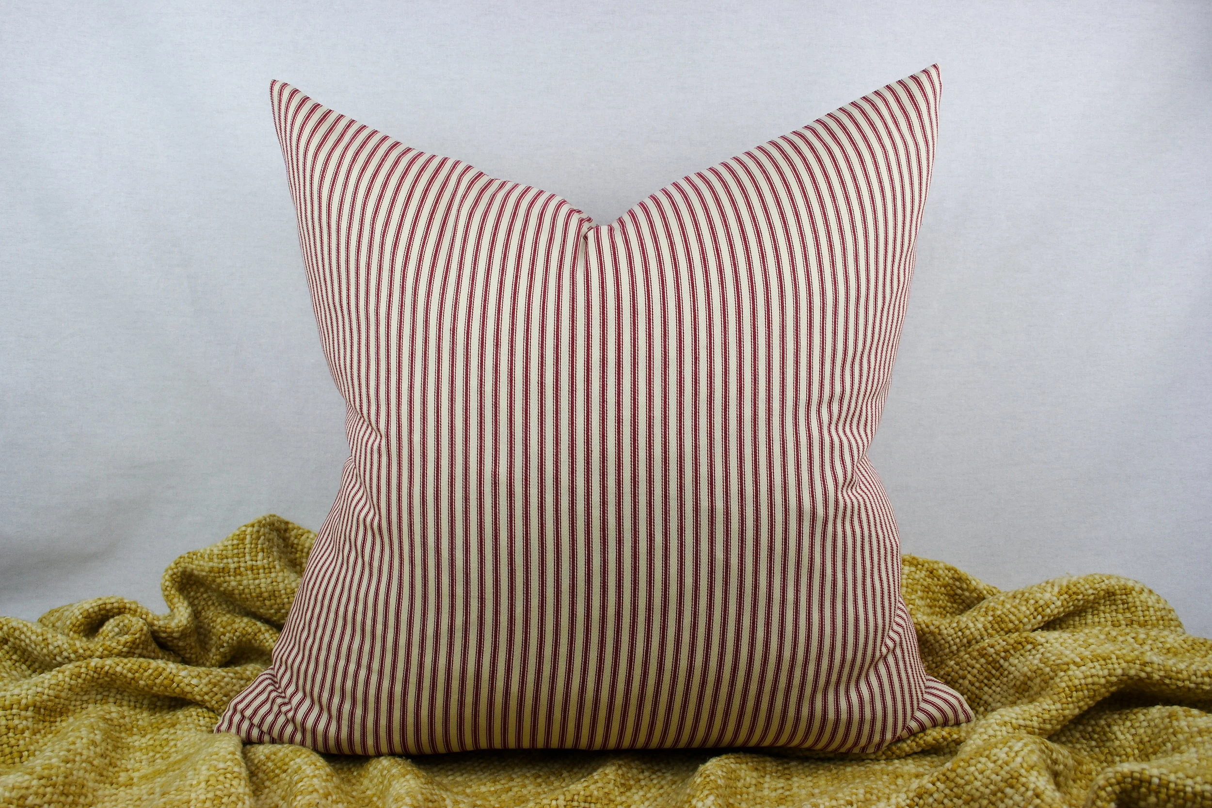 22 x 22 Inch Red and Ivory Ticking Stripe Cotton Pillow Cover