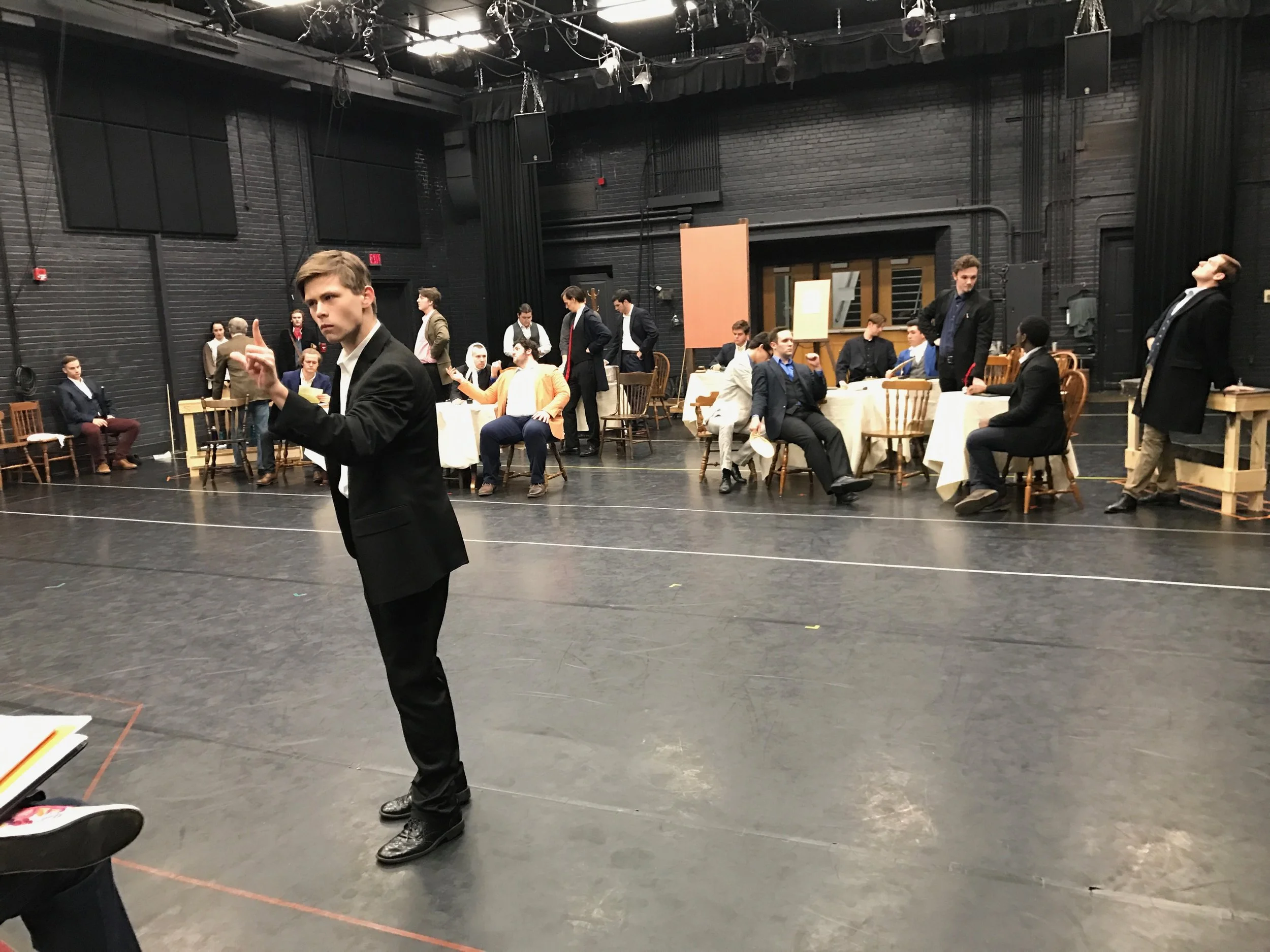 A look into rehearsals for 1776 . Pictured: Donald Sutton (John Adams) delivering the opening monologue