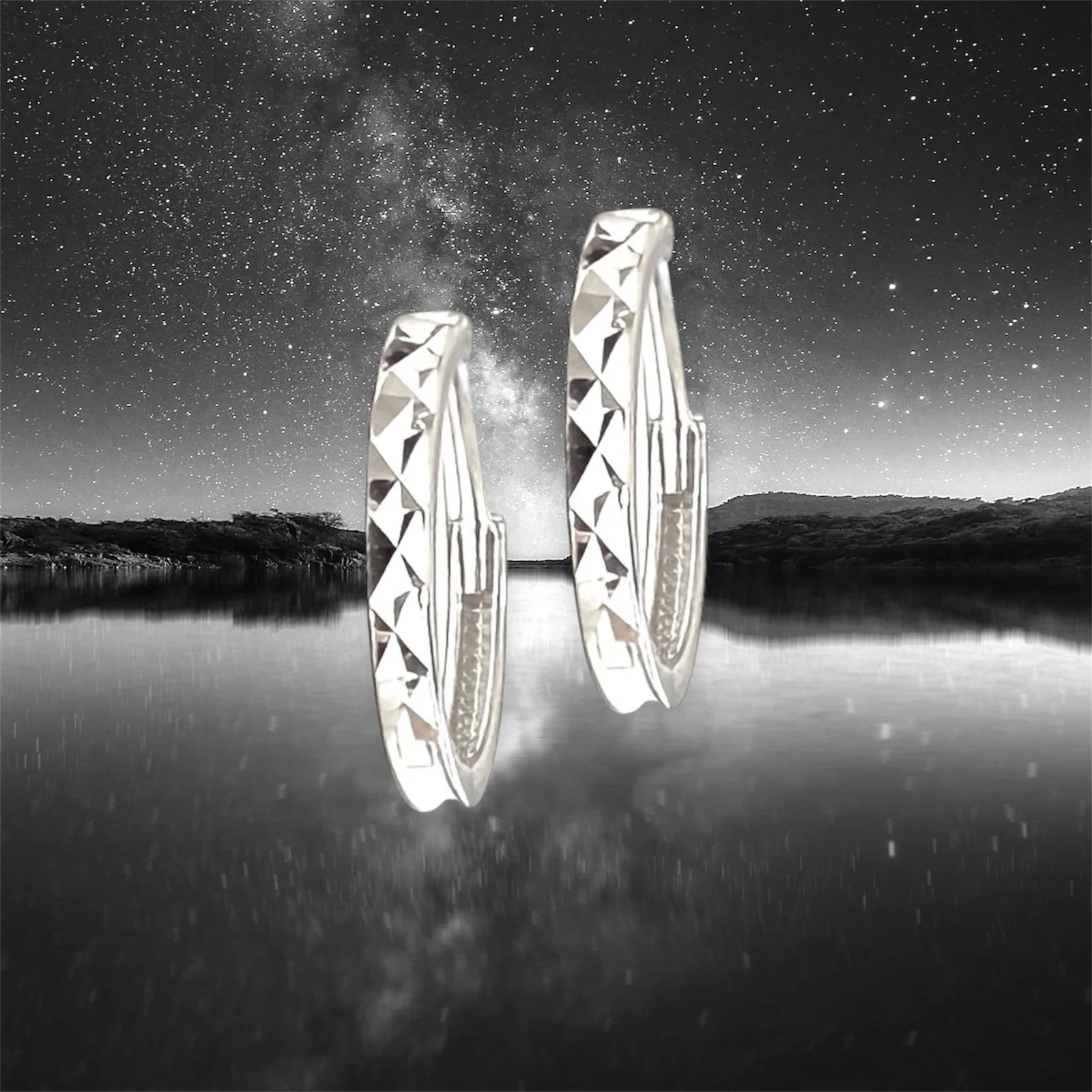 Silver Stardust Hoop Earrings 9ct White Gold