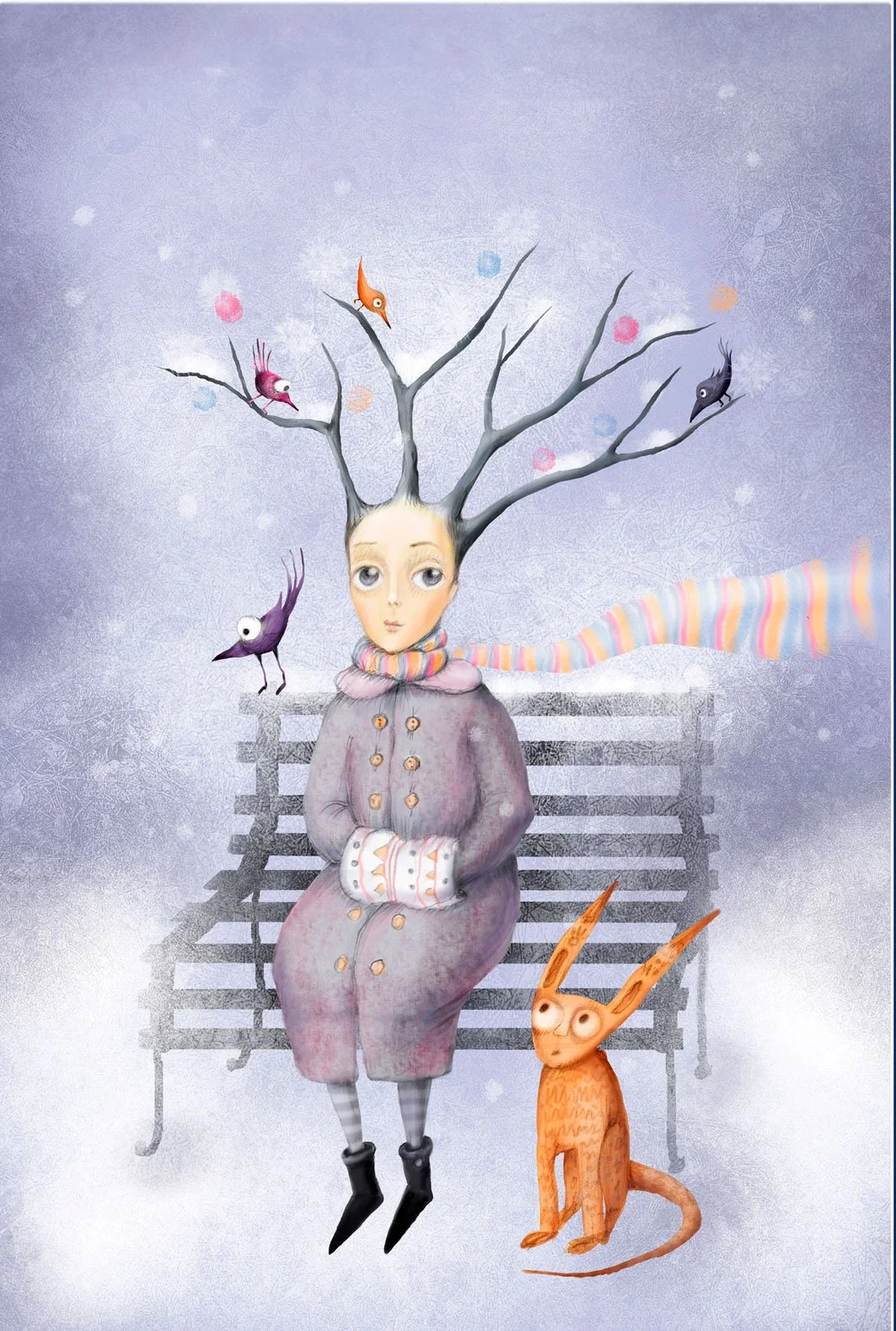 A whimsical illustration of a character with a snow-covered tree as hair, surrounded by birds, in a magical winter setting.