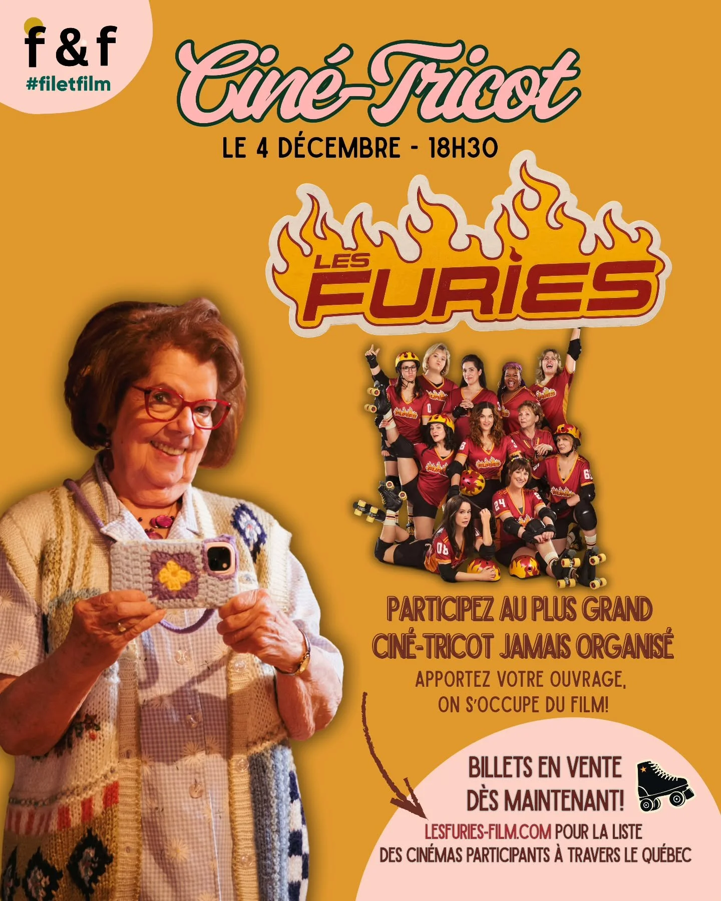 Ce jeudi le 4 D&eacute;cembre il y aura un cin&eacute;-tricot &agrave; travers toute la Province pour c&eacute;l&eacute;brer la sortie du film Les Furies, la premi&egrave;re com&eacute;die qu&eacute;b&eacute;coise sportive au f&eacute;minin qui bien 