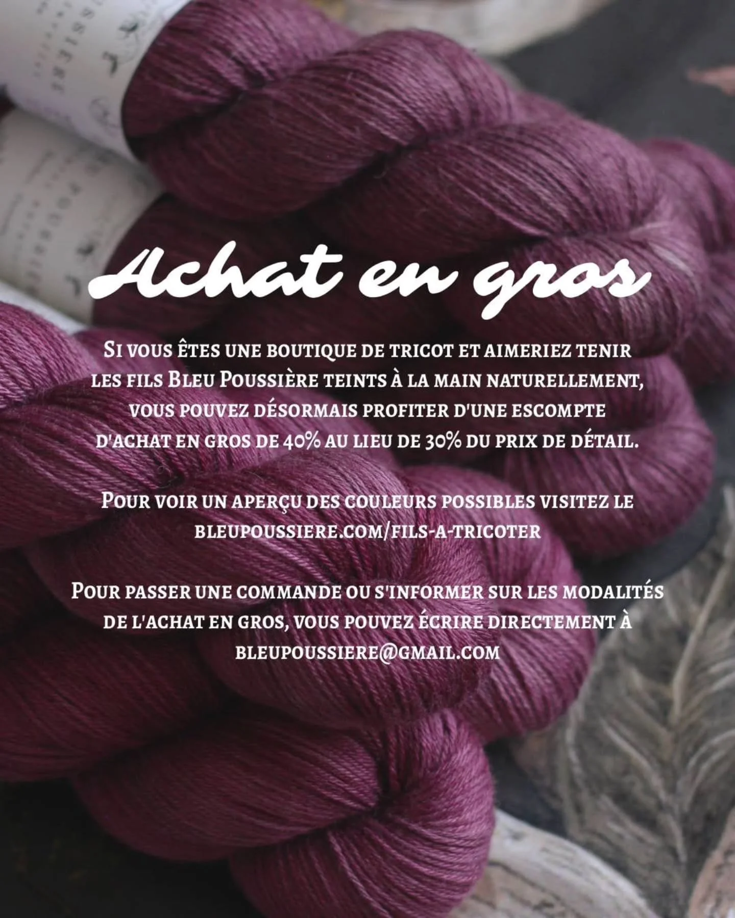 Bien qu&rsquo;il ne m&rsquo;est plus possible d&rsquo;avoir un inventaire r&eacute;gulier sur la boutique en ligne, j&rsquo;accepte encore les commandes en gros pour des boutiques de tricot 😉

L&rsquo;&eacute;conomie &eacute;tant ce qu&rsquo;elle es