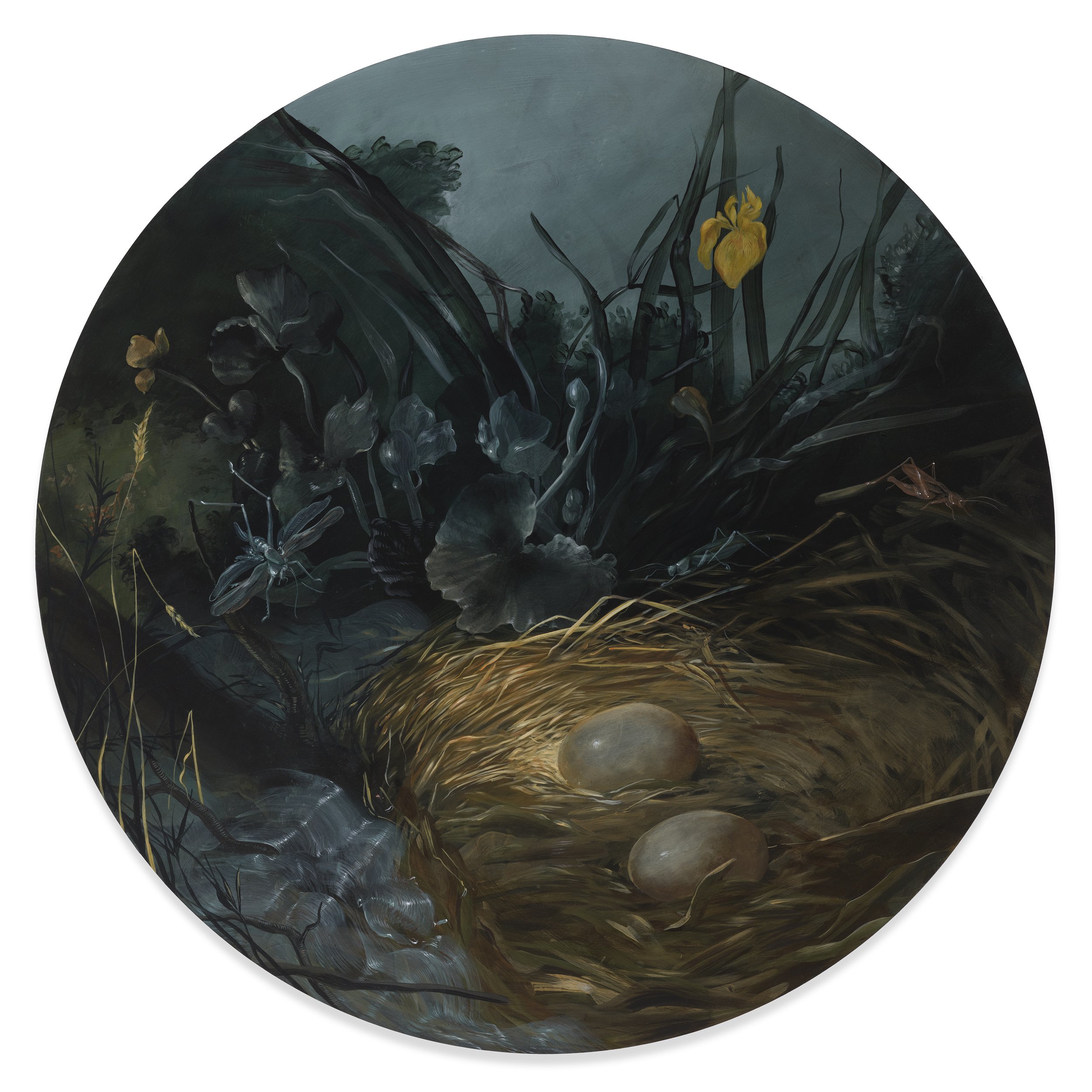  Still Life with Waterlogged Nest, acrylic on round panel  60.96h x 60.96w x 1.27d cm 