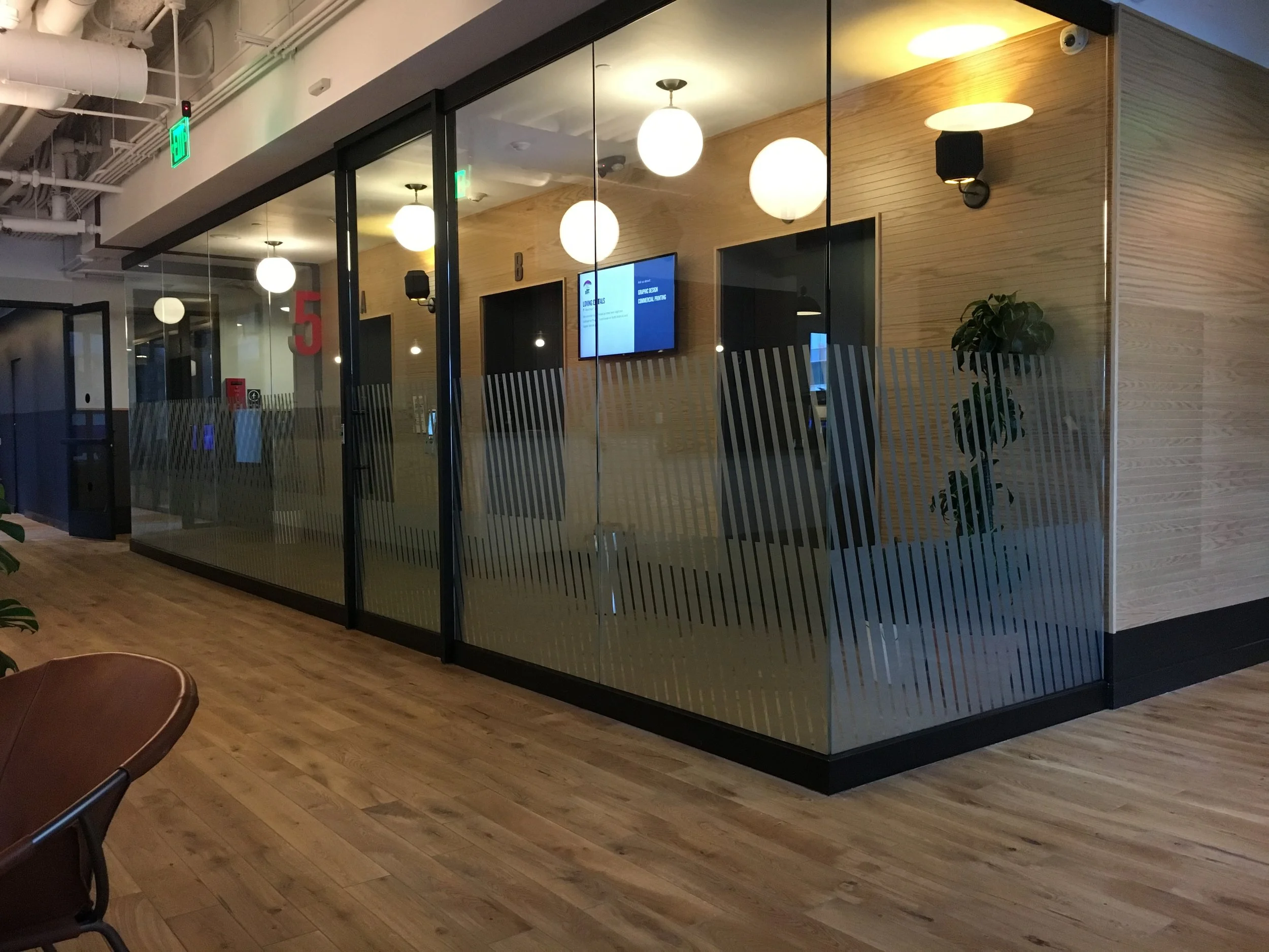 Custom Glass Etch Pattern for WeWork Detroit