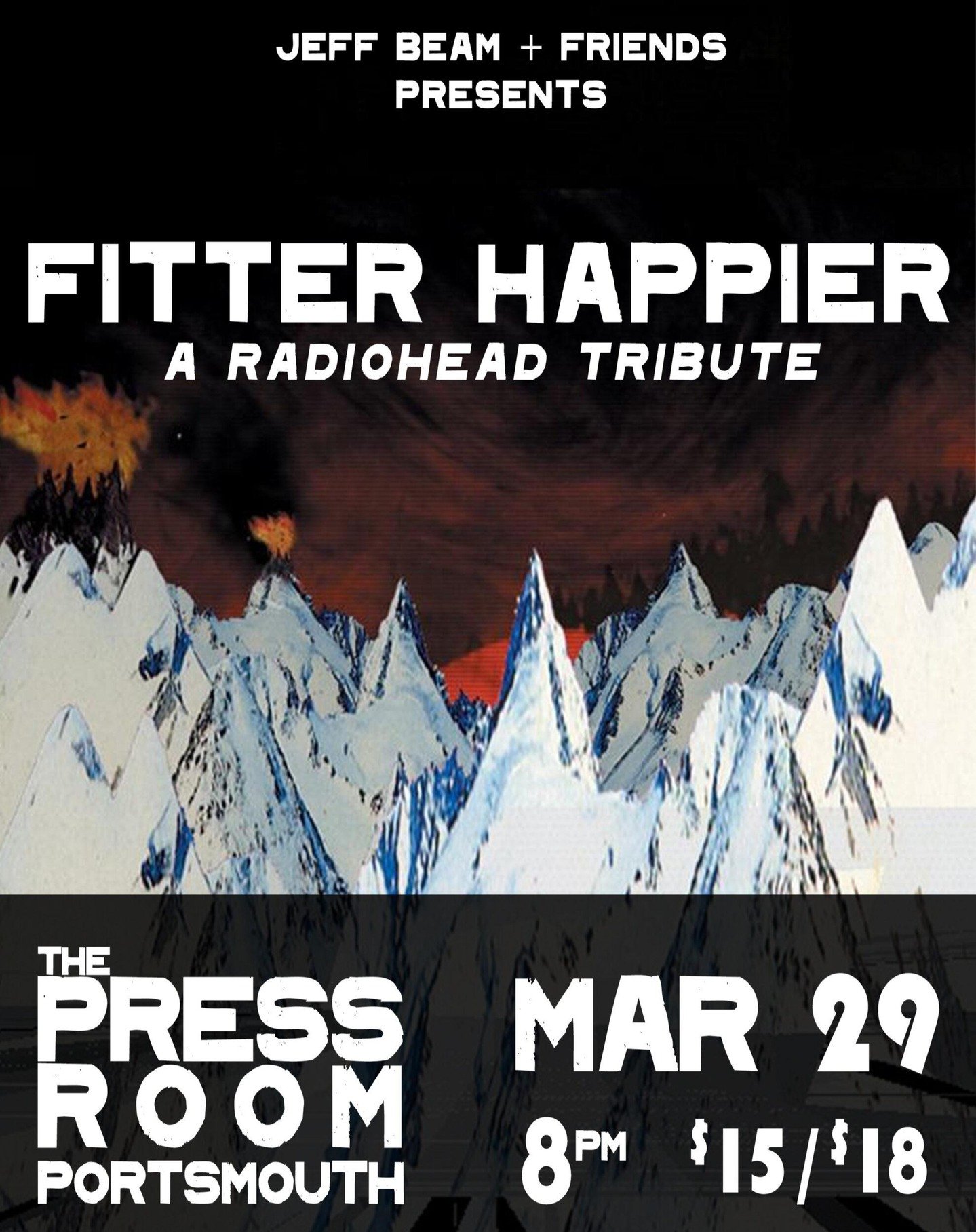 Hello. We are Fitter Happier. We play the music of Radiohead. We'll be doing this at @pressroomnh this Saturday. We'd like to invite you, but the show is sold out. We hope to play again in the area soon. Follow this page to learn about our other show