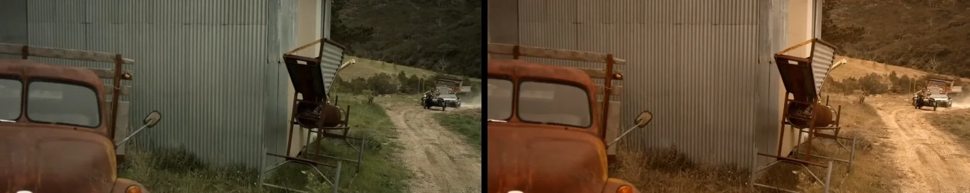 Big chase finale. The foregrounds had to match the orange skies added by VFX.