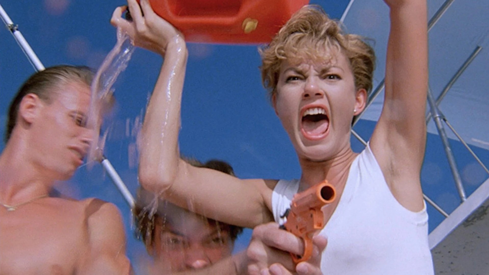 Sky Meadow Palma screams in horror while on a boat in the film Cruel Jaws.