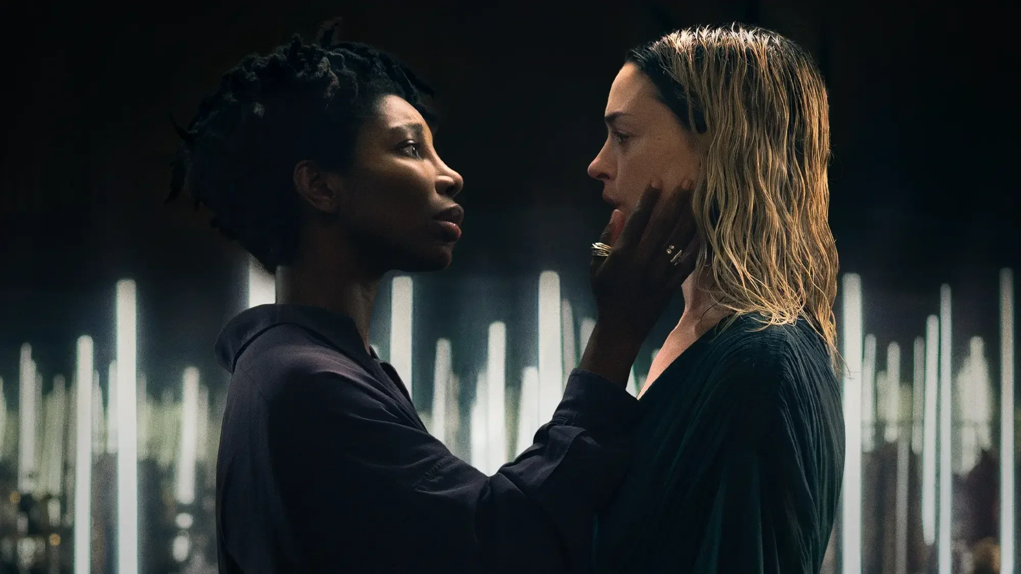 Michaela Coel and Anne Hathaway in David Lowery's film, Mother Mary.