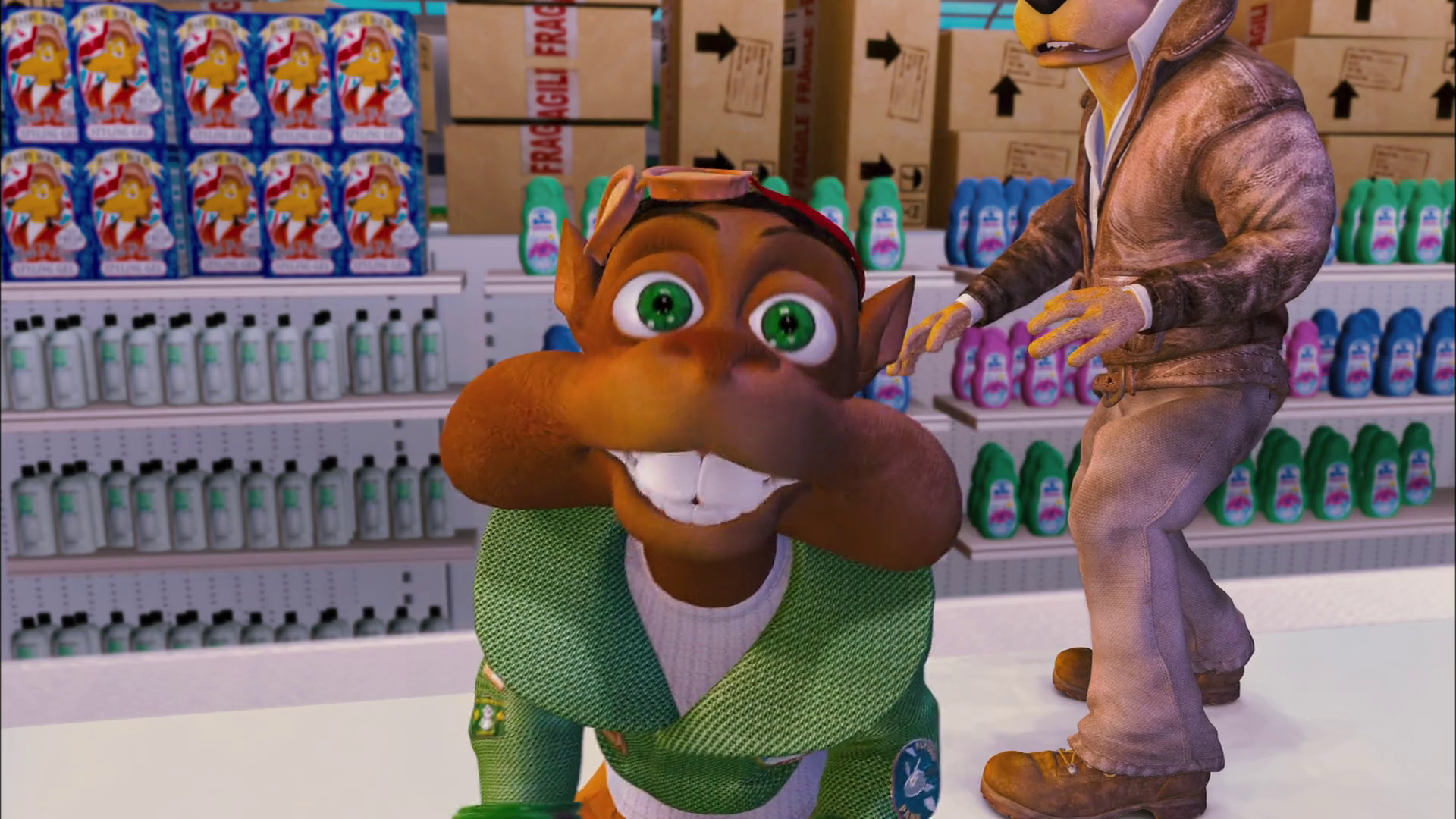 A 3D animated squirrel-like creature beams at the camera.