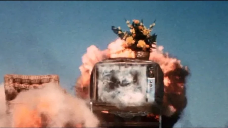A couch and TV mid-explosion at the end of the film Zabriskie Point.