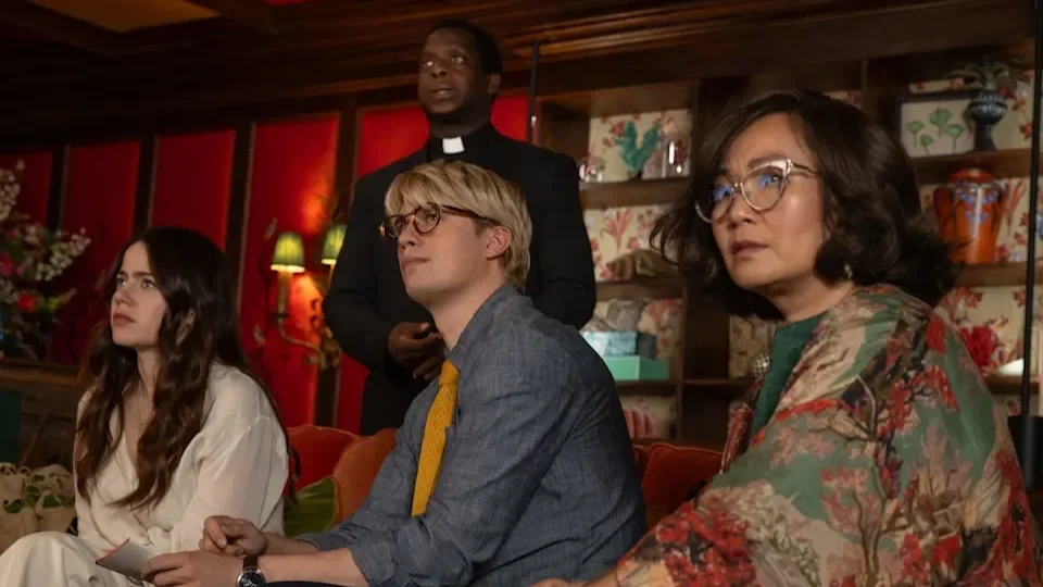 From left to right: Molly Gordon, Kobna Holdbrook-Smith, Nicholas Galitzine, and Hong Chau in The Sheep Detectives.