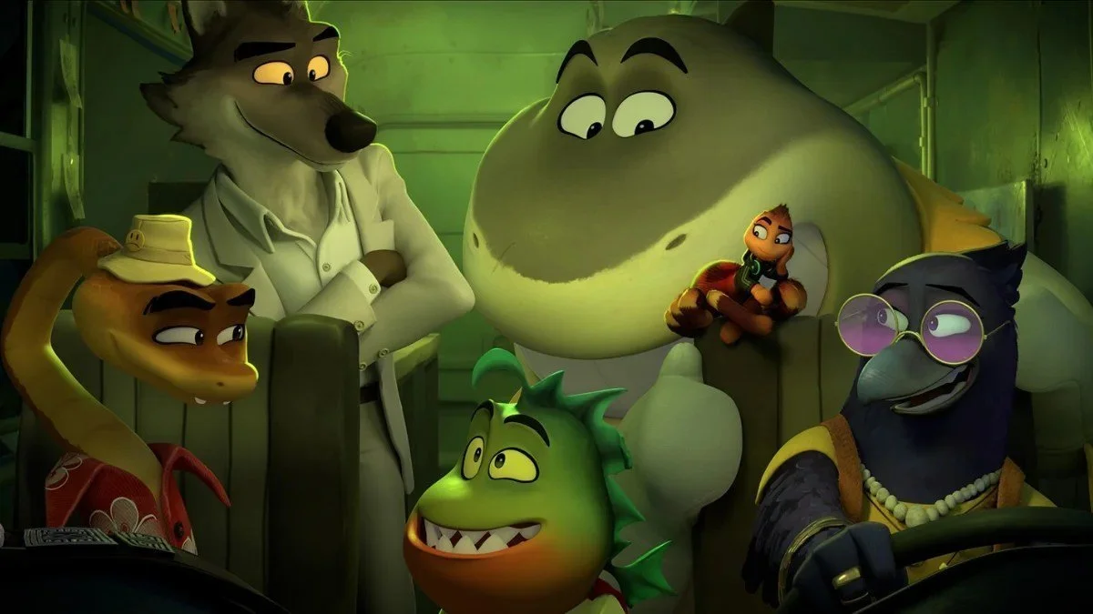A snake wearing a Hawaiian shirt and hat, a wolf in a white suit, a piranha, shark, tarantula and crow wearing hippie glasses, all in a cartoony 3D animated style.