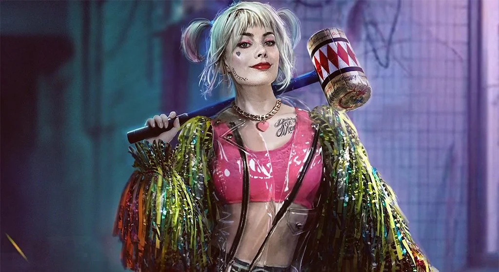 Margot Robbie holds a large mallet and smirks at the camera.