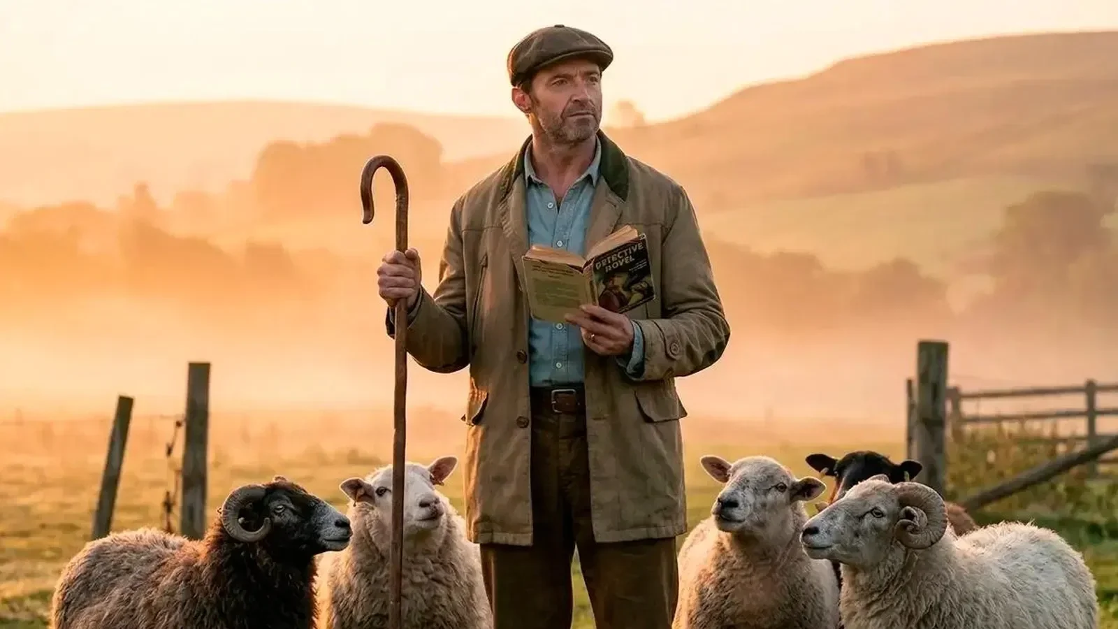 Hugh Grant as the shepherd George Hardy stands amongst his flock of sheep in a misty field in the film, The Sheep Detectives.