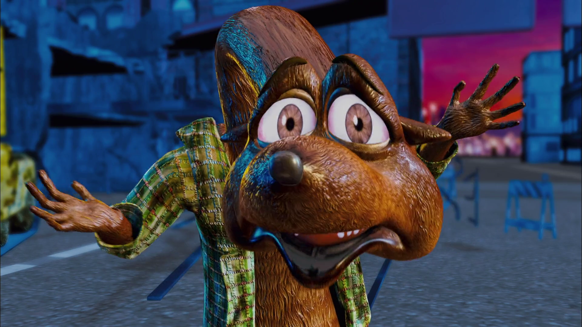 A 3D animated weasel-like creature  gestures at the camera in a sort of "uh oh" way.