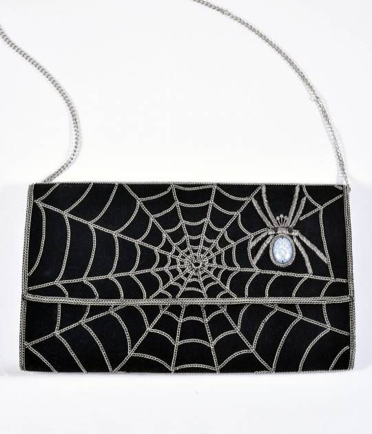 Black Suede & Silver Chain Spiderweb Envelope Clutch