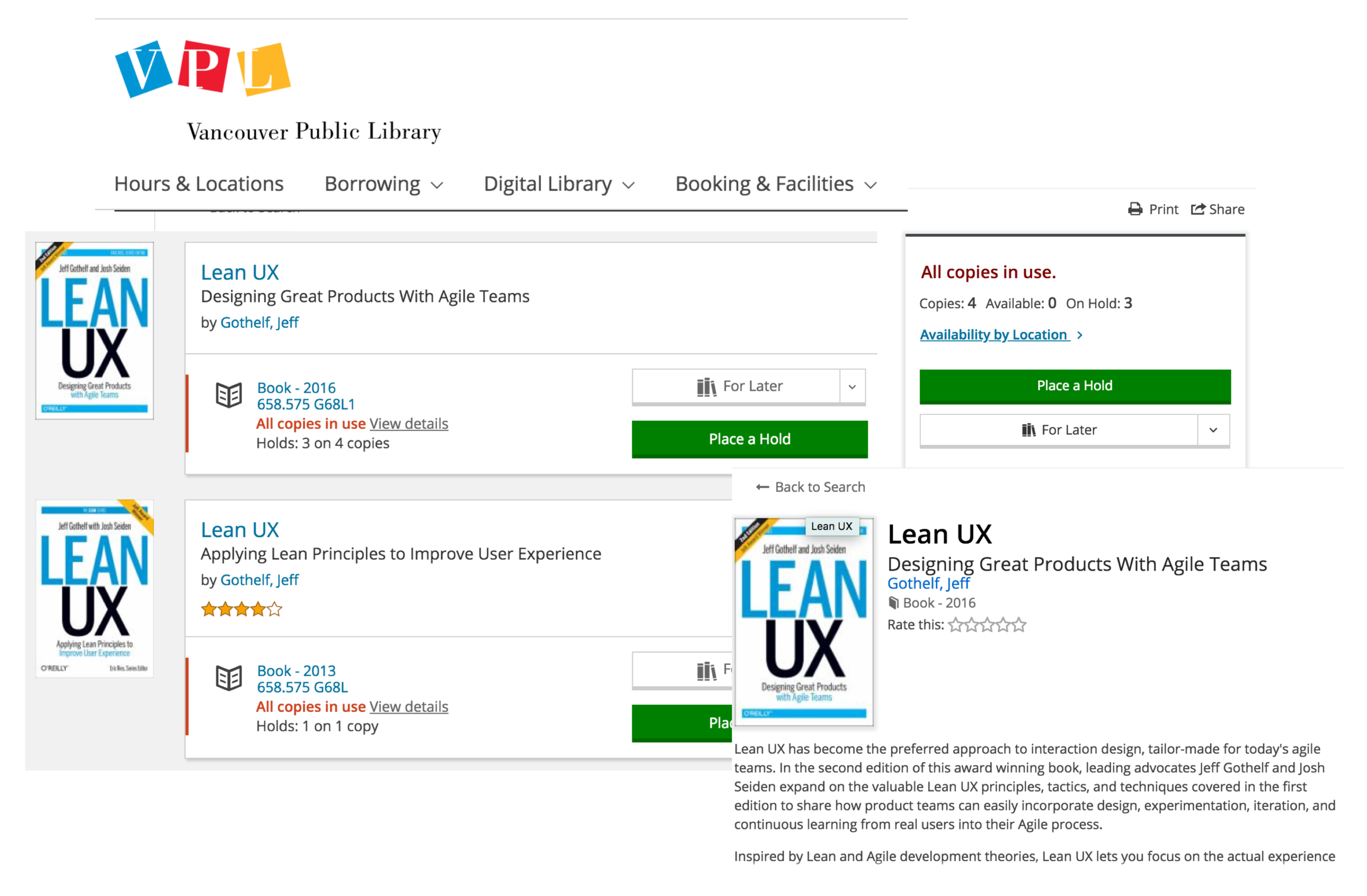 Screenshots of the Vancouver Public Library Website. We integrated some of the UI elements into our mobile redesign.