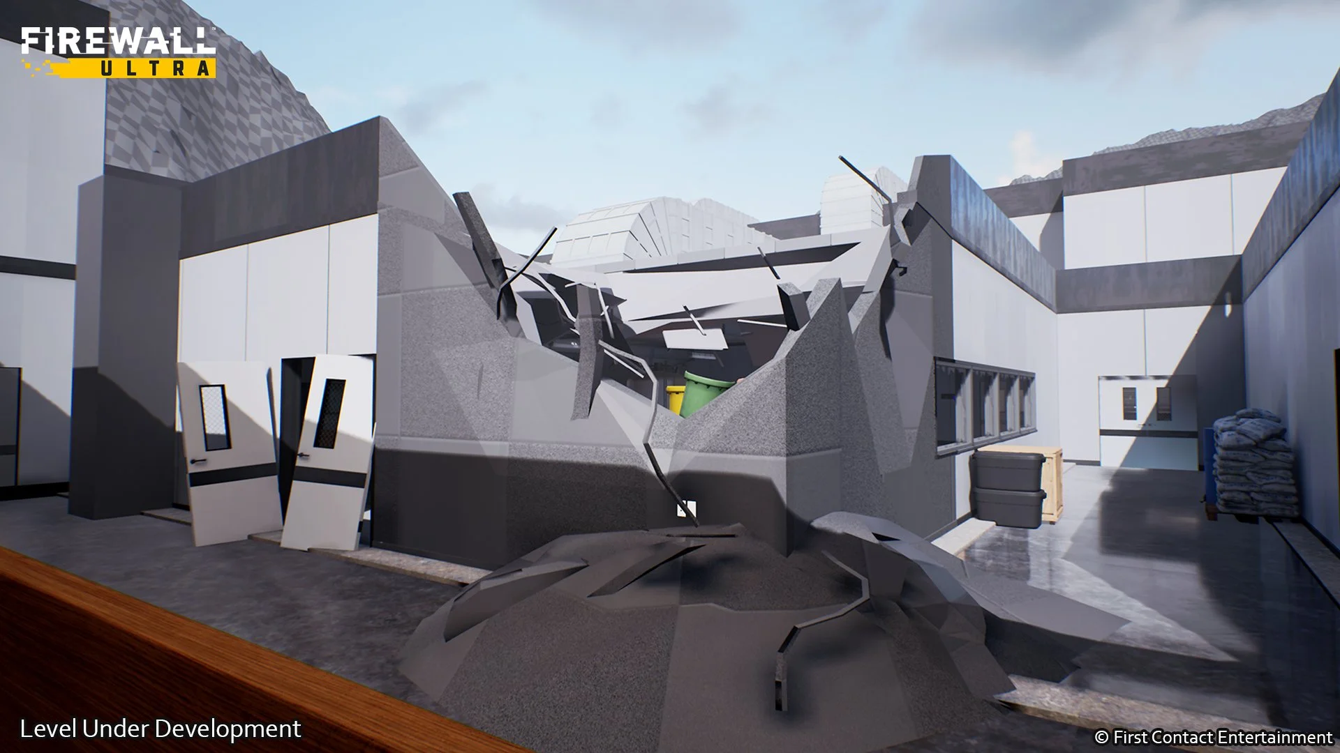  this is the collapsed section of wall, we are testing how destroyed we want to make it for both player experience and performance limitations due to drawing distance 