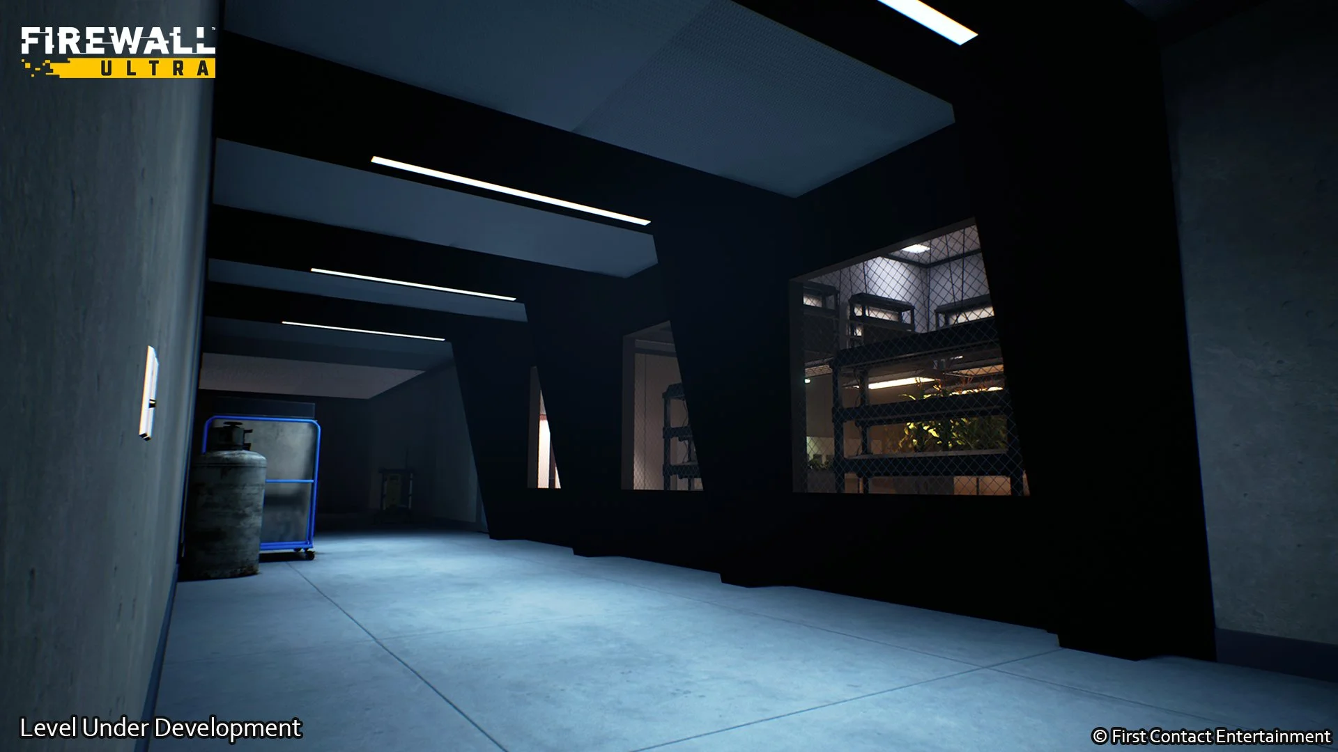  The tunnel between the tank room and the hydroponics room. I am reusing features of angled/brutalist geometry to act as a visual rhythm and player cover for long tunnel firefights. 