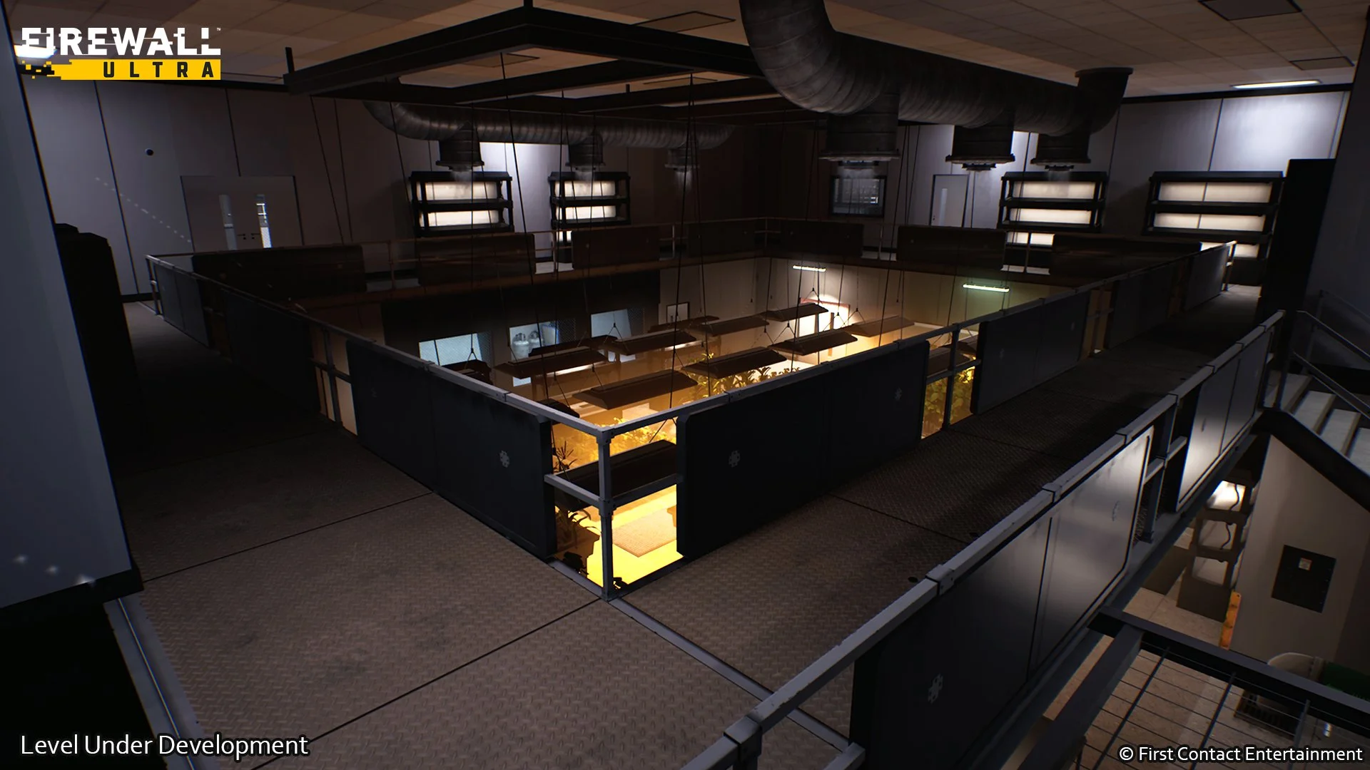  The upper area of the hydroponics room. While having the height advantage players were left vulnerable by our open railing so to solve the issue I added these bolted on protective plates. Thematically they work well and offer just enough cover playe