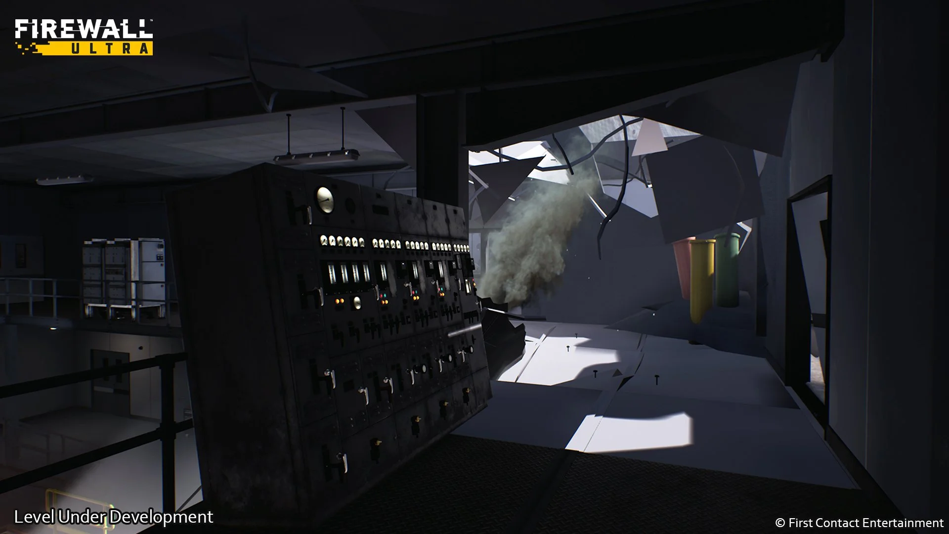  The upper walkway of the tank room, using one of my block-in assets to help illustrate the level design, test it for play and obstruction and offer a test for how lighting might work. 