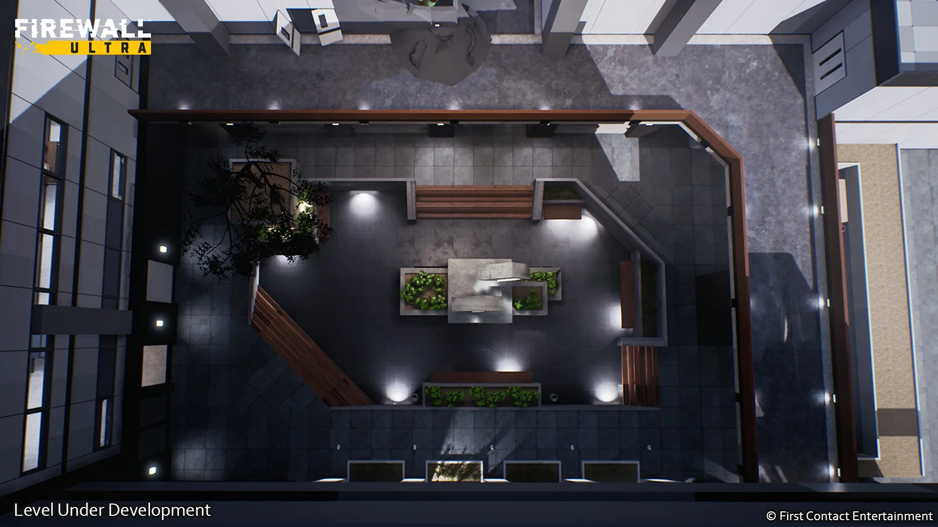  The only exterior combat space in the level is a courtyard connecting multiple sections, with an elevated walkway. I’ve been focusing on the layout for this one as playtesting revealed it’s a popular spot for combat.  