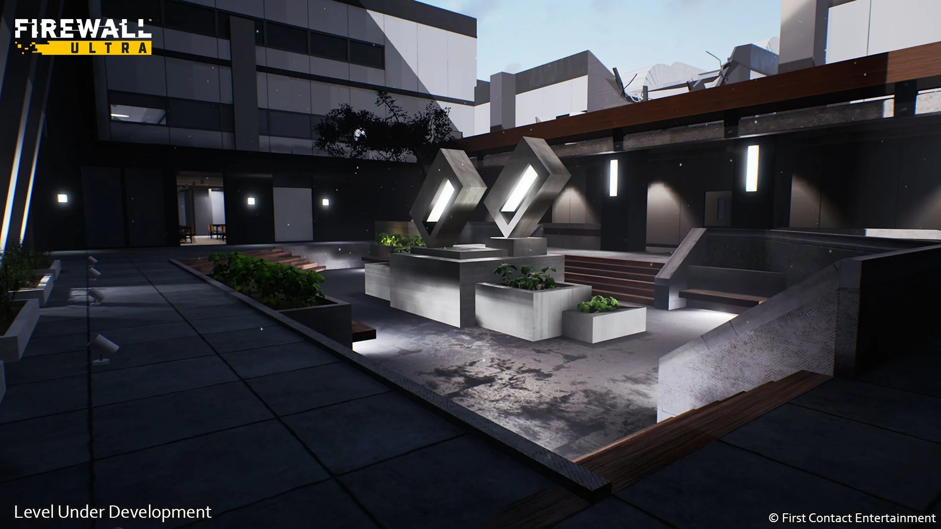  Through iterations the courtyard has evolved in to a showpiece for gameplay. During our iterations it started as a dining space for the employees but we felt it diminished the narrative of the level. I reworked the space several times and eventually