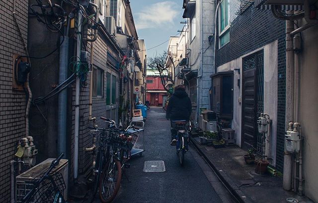 A man rides a bike in a back street of Asakusa.