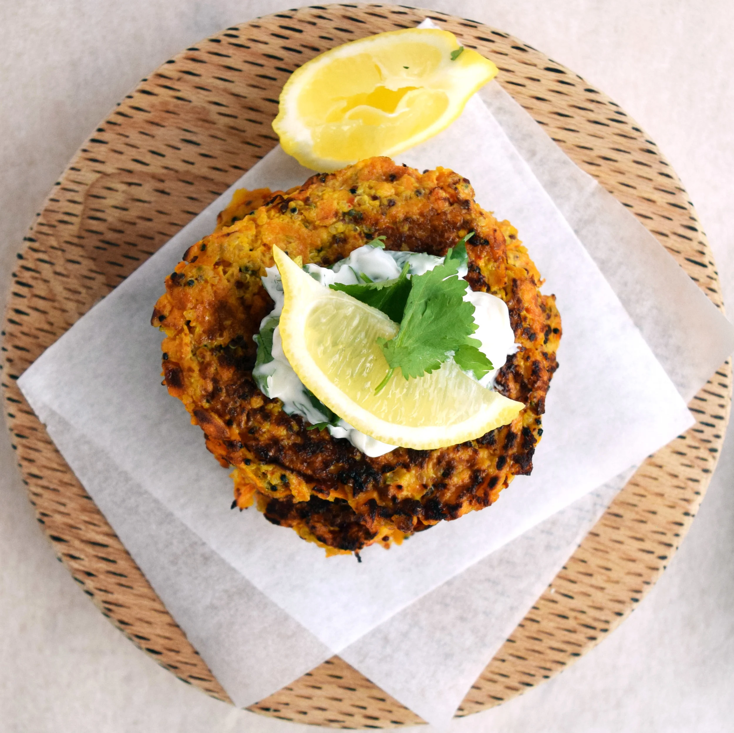 Tasty vegetable and quinoa fritters with lemon herb mayo.
