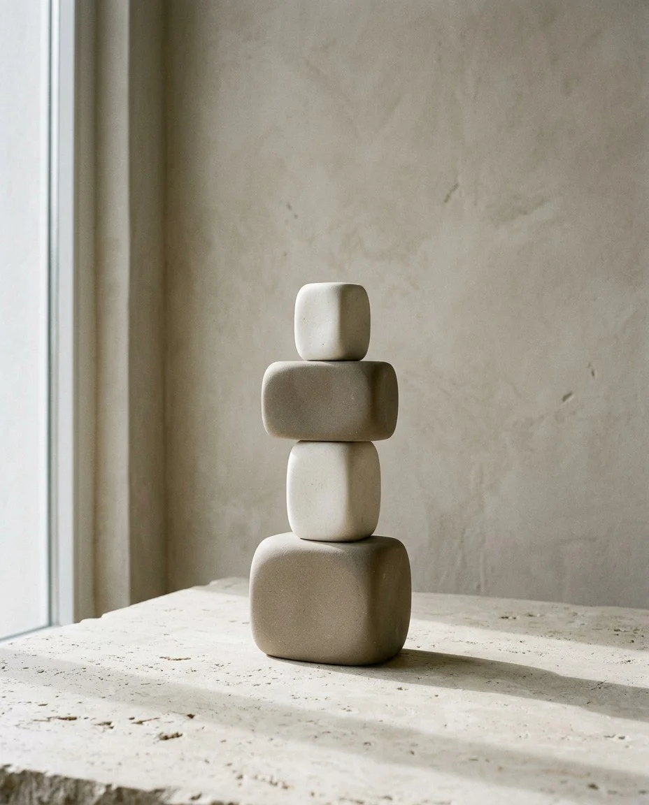 Composición de piedras en equilibrio, inspirada en Elemental