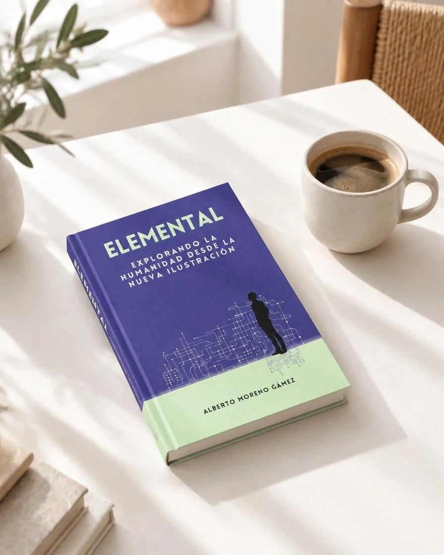 El libro Elemental, de Alberto Moreno Gámez, sobre una mesa blanca junto a una taza de café