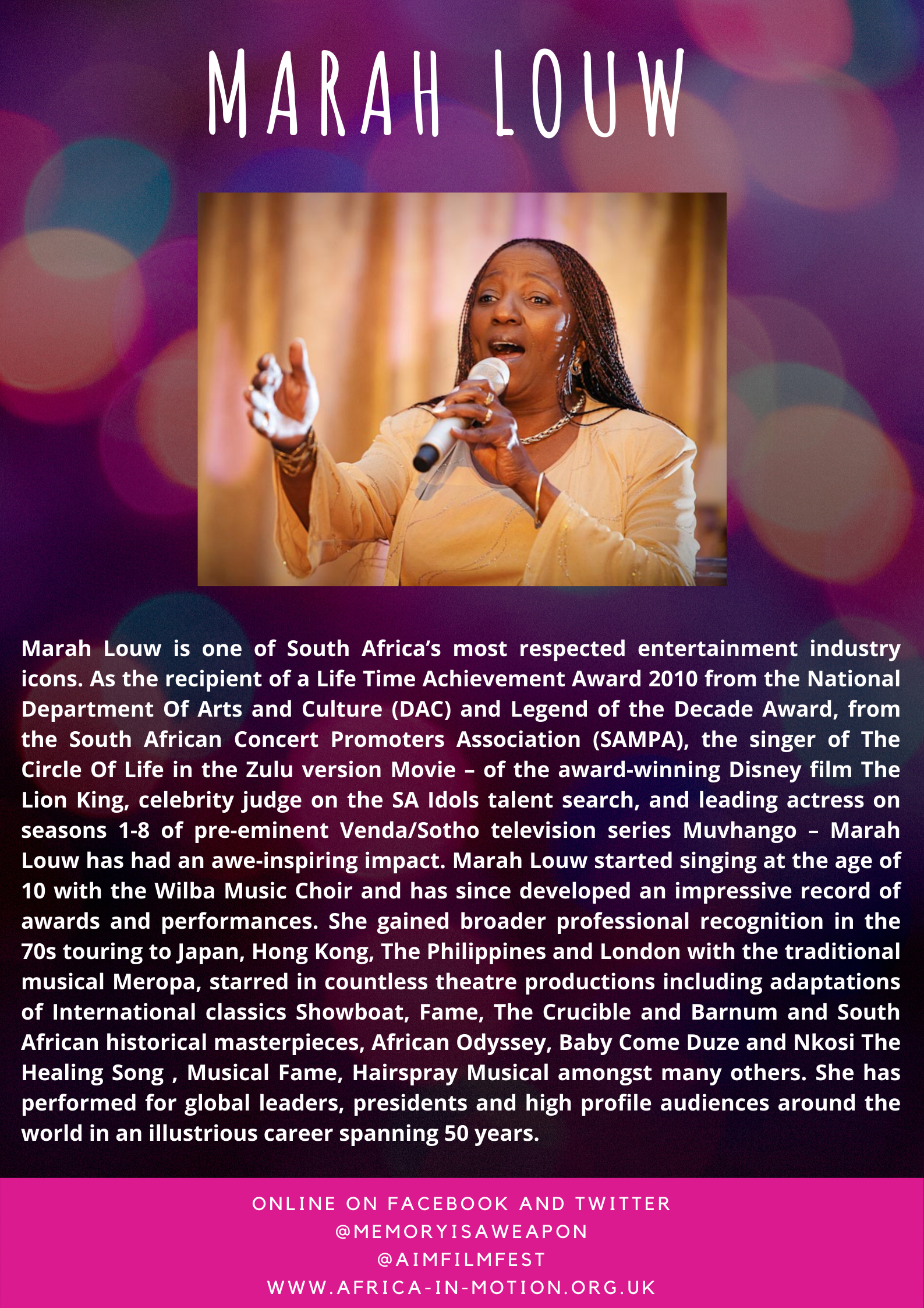Marah Louw is one of South Africa’s most respected entertainment industry icons. As the recipient of a Life Time Achievement Award 2010 from the National Department Of Arts and Culture (DAC) and Legend of the Decade  (1).png