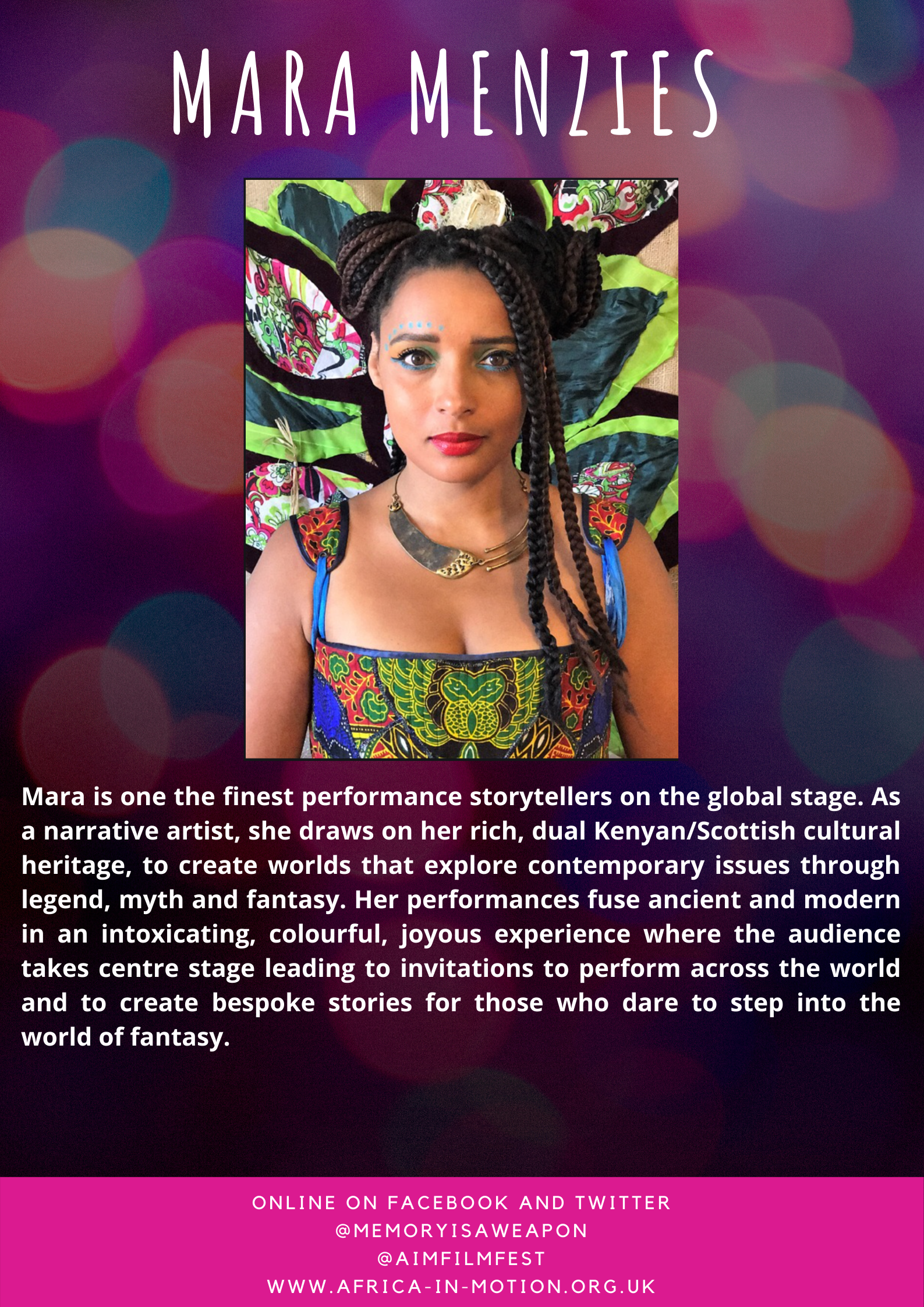 Mara is one the finest performance storytellers on the global stage. As a narrative artist, she draws on her rich, dual Kenyan_Scottish cultural heritage, to create worlds that explore contemporary issues through leg.png