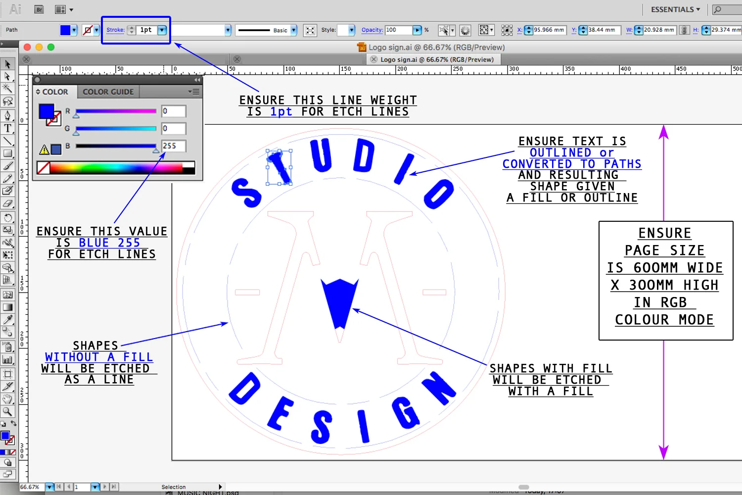 Illustrator file with RGB colour mode on. Lines with BLUE 255 colour value will be ENGRAVED . Shapes will BLUE 255 FILL will be ENGRAVED WITH A FILL .
