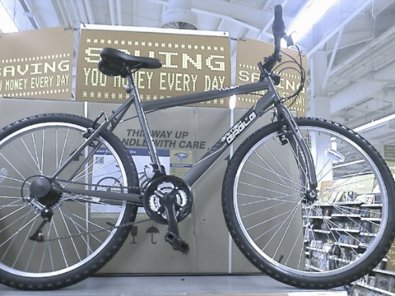Notice anything wrong here? The front fork is reversed, and the protective shipping cap hasn't been removed from the rear wheel hub. I wonder if the brakes work when they're backwards? 