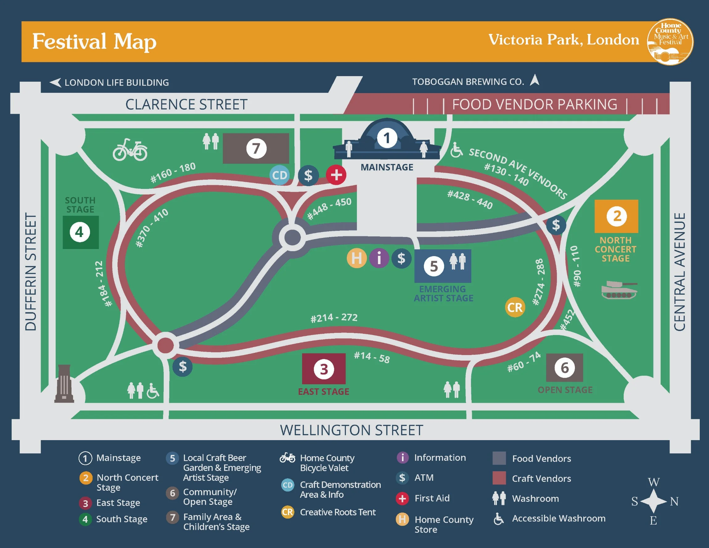 Festival map! Bike Valet is located on the southwest corner, top left of the map! 