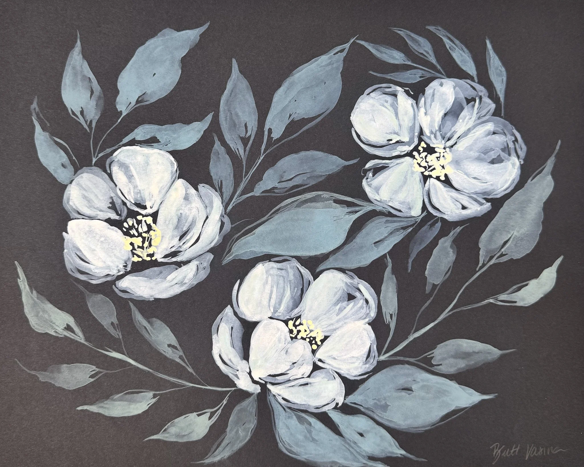 Original acrylic floral painting on black paper, Nightbloom collection