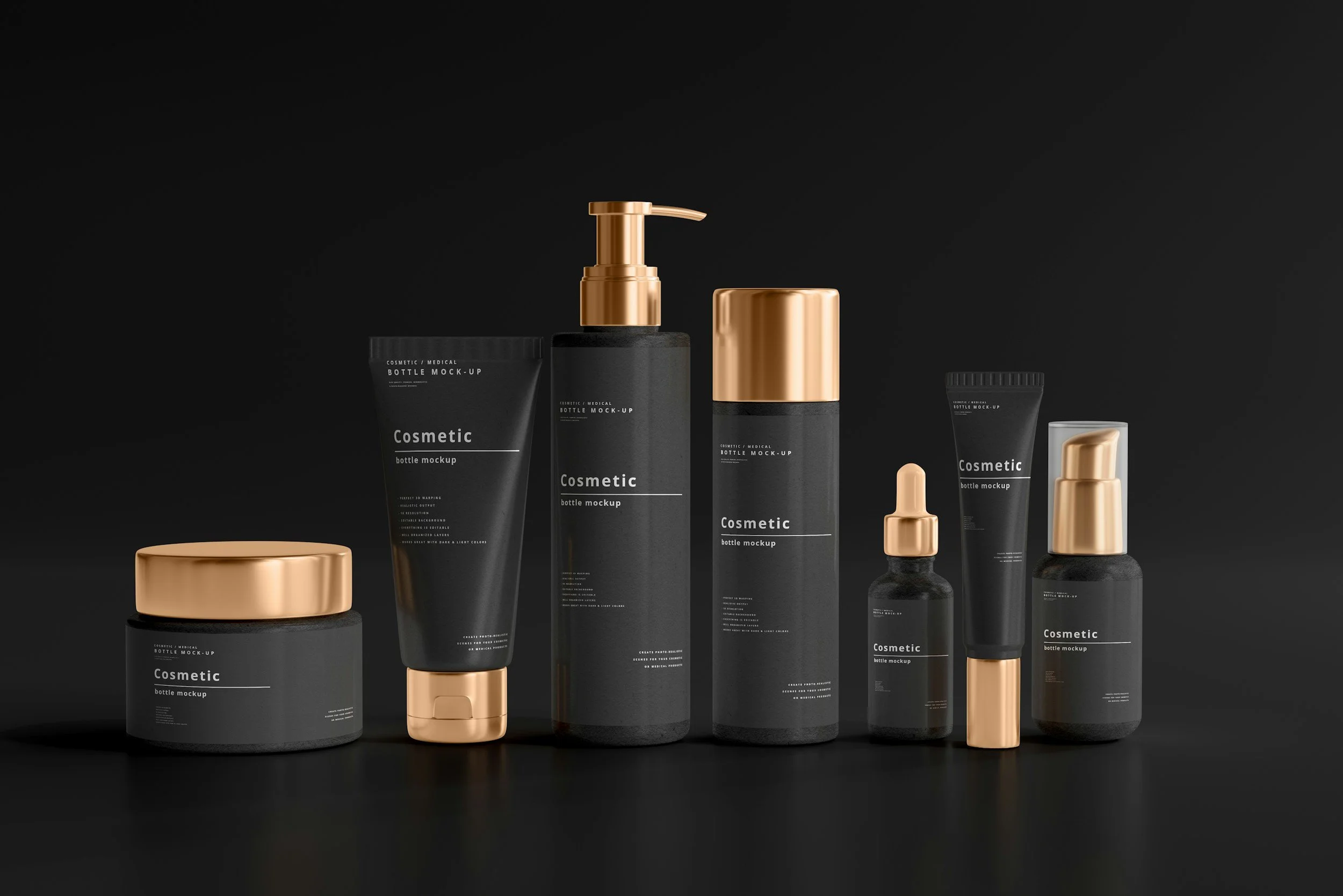 Collection of black cosmetic bottles and containers with gold accents on a black surface with a black background.