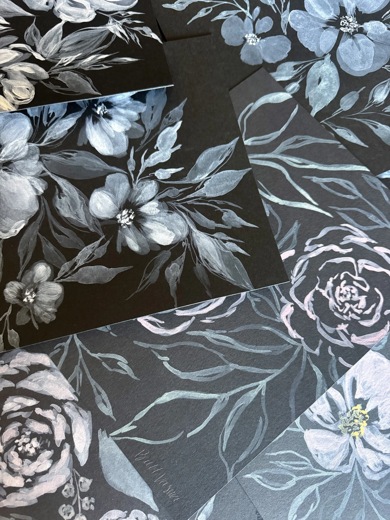 1. Stack of original white and muted floral paintings on black paper, Nightbloom collection (Copy) (Copy)