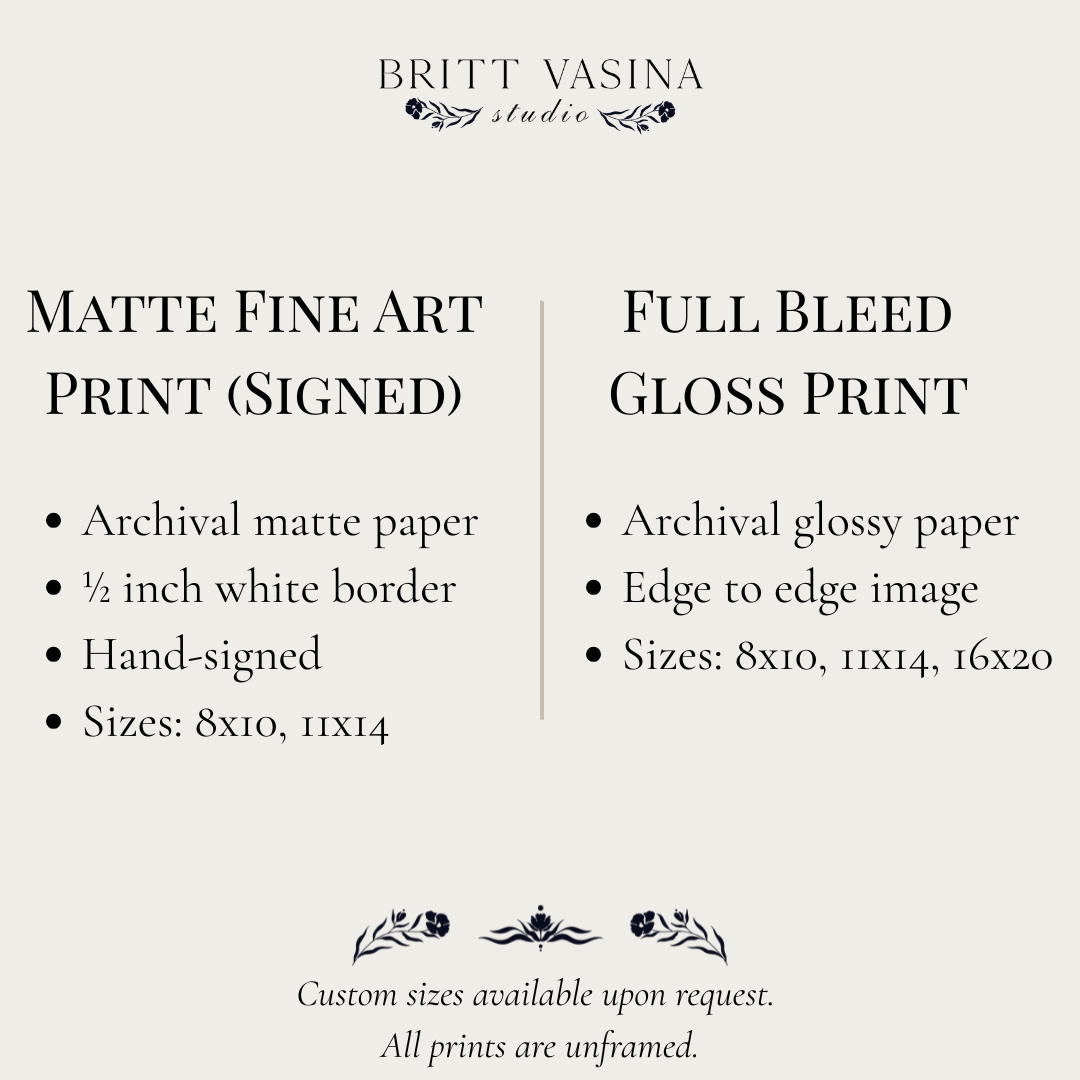 Fine art print specifications — archival matte and glossy options, half-inch border on matte, printed in Portland Oregon, Britt Vasina Studio