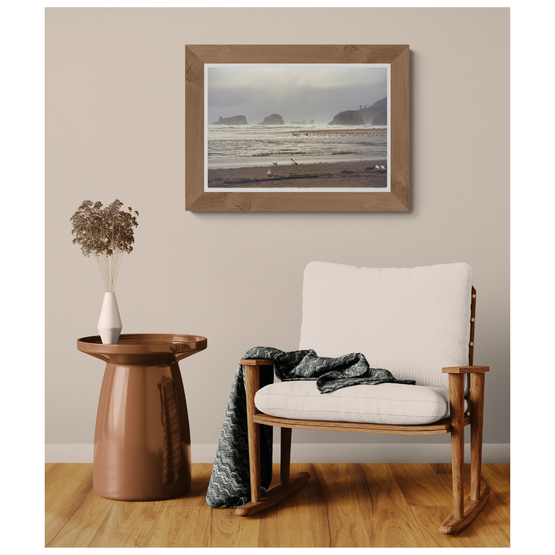 Oregon Coast Coastal Seabirds fine art print, framed and matted, styled in a room next to a chair, Britt Vasina Studio