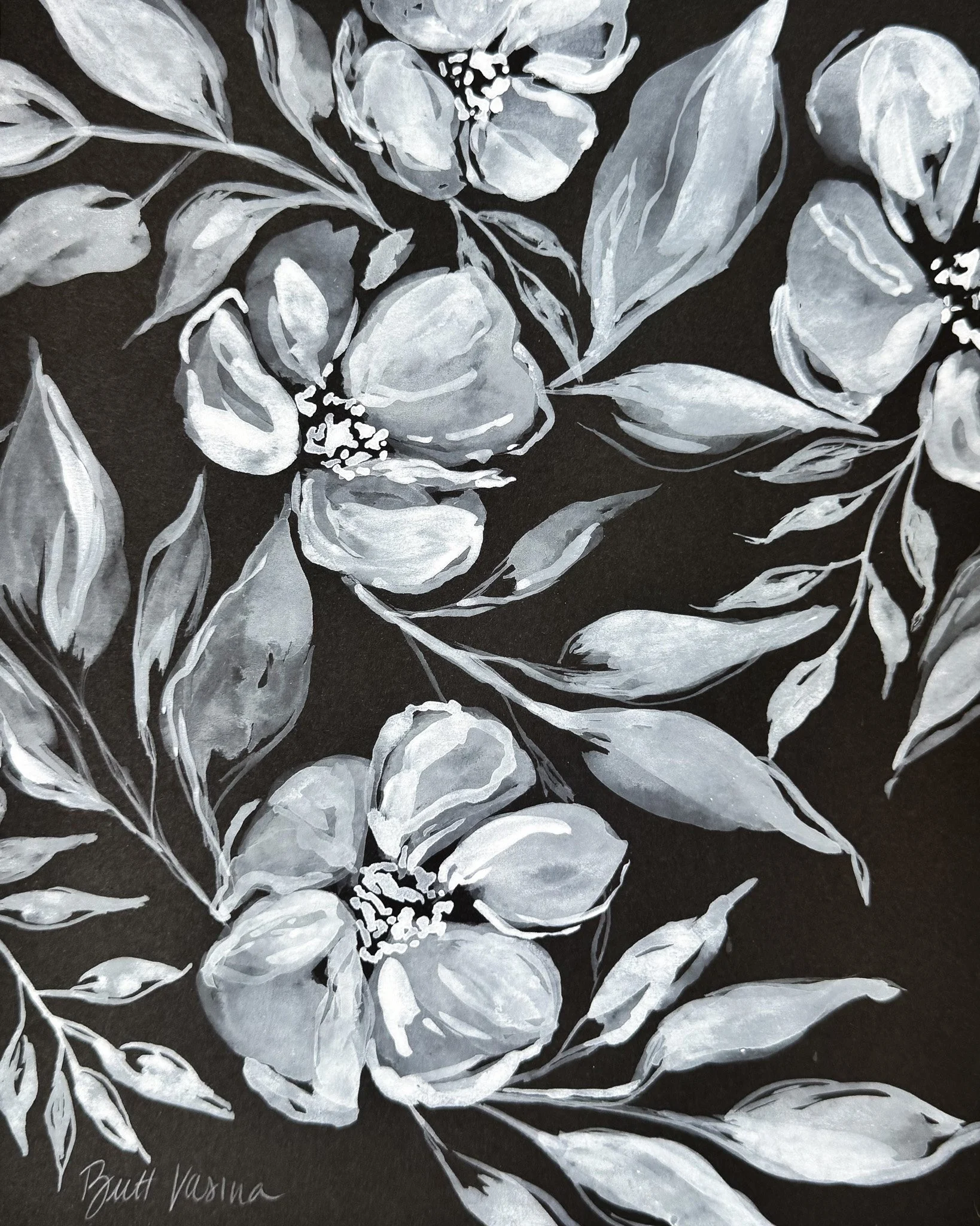 Original acrylic floral painting on black paper, Nightbloom collection