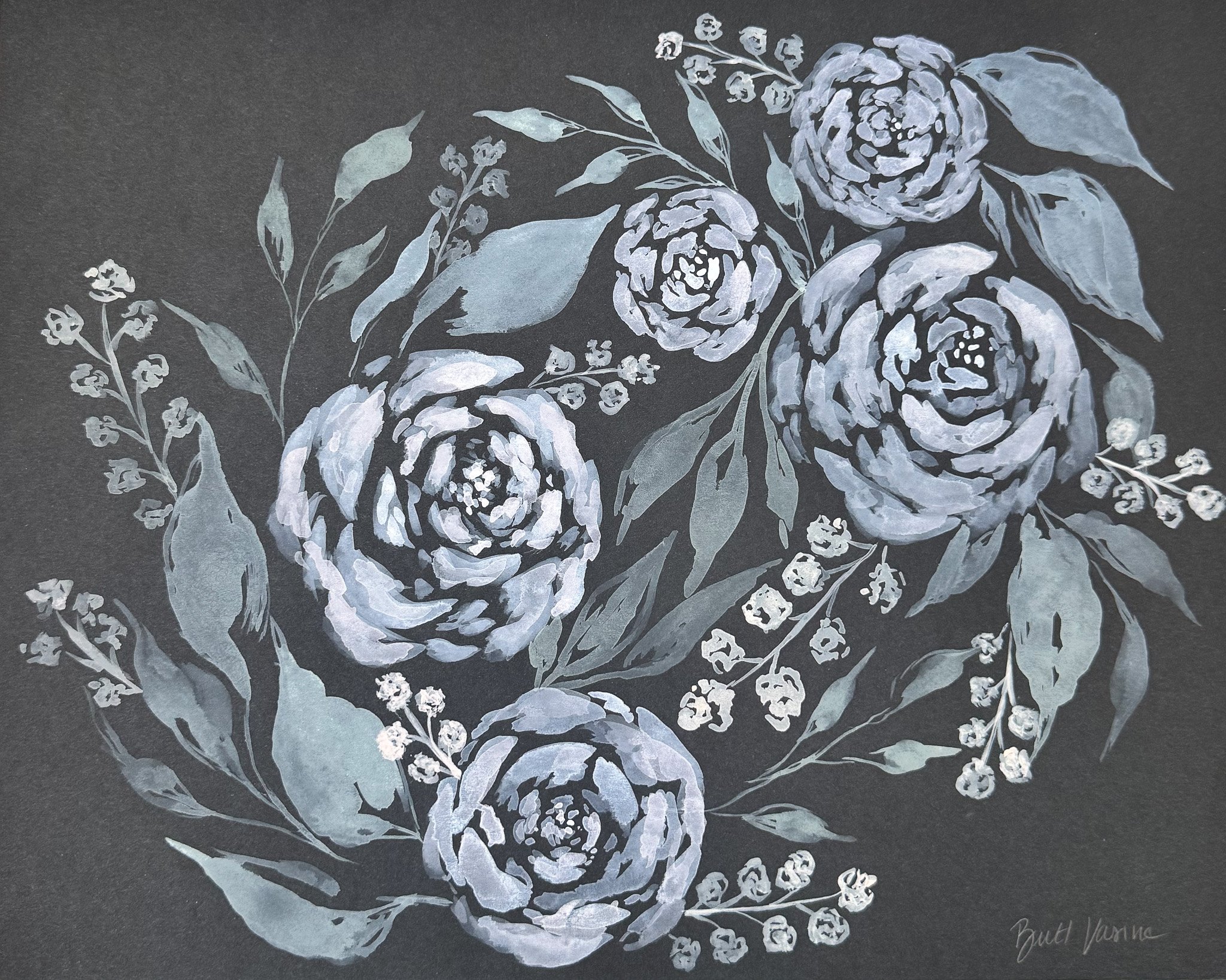 Original acrylic floral painting on black paper, Nightbloom collection