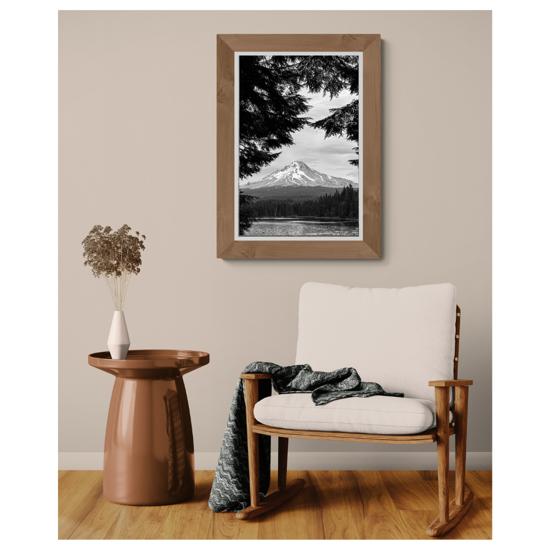 Mount Hood and Trillium Lake fine art print, framed and matted, styled in a room next to a chair, Britt Vasina Studio