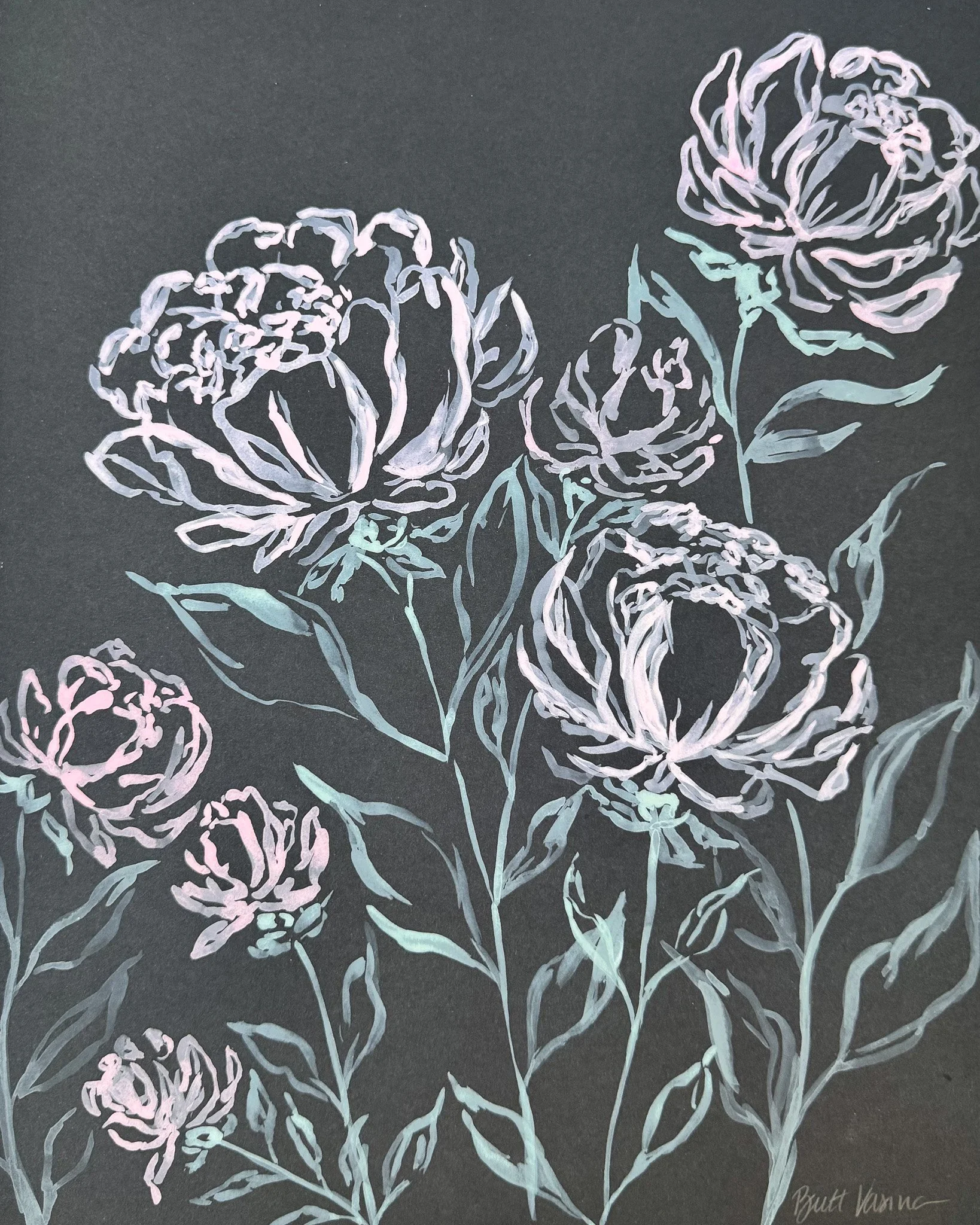 Original acrylic floral painting on black paper, Nightbloom collection