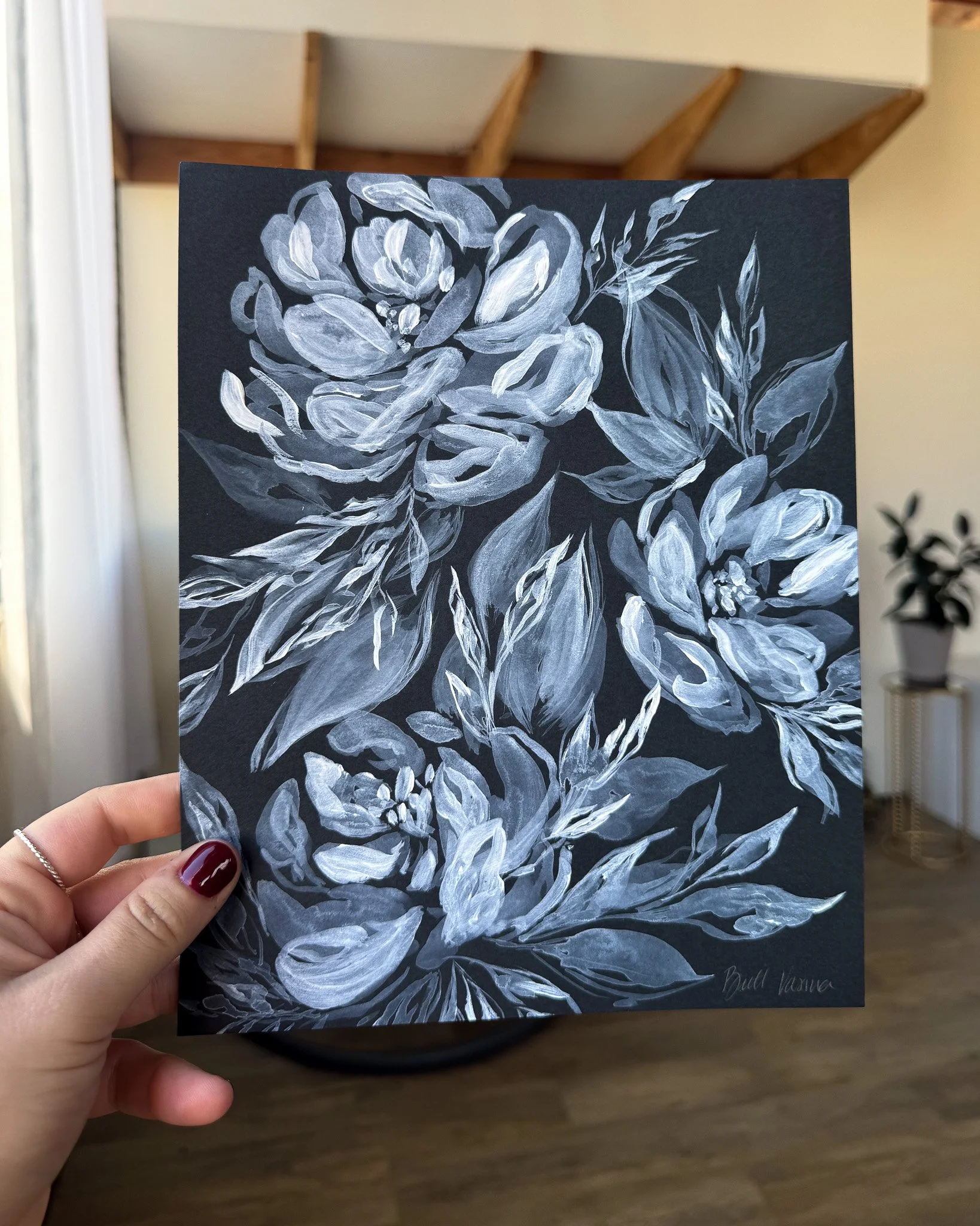 Nightbloom 4 | Original Acrylic Floral Painting on Black Paper | 8x10 (Copy)